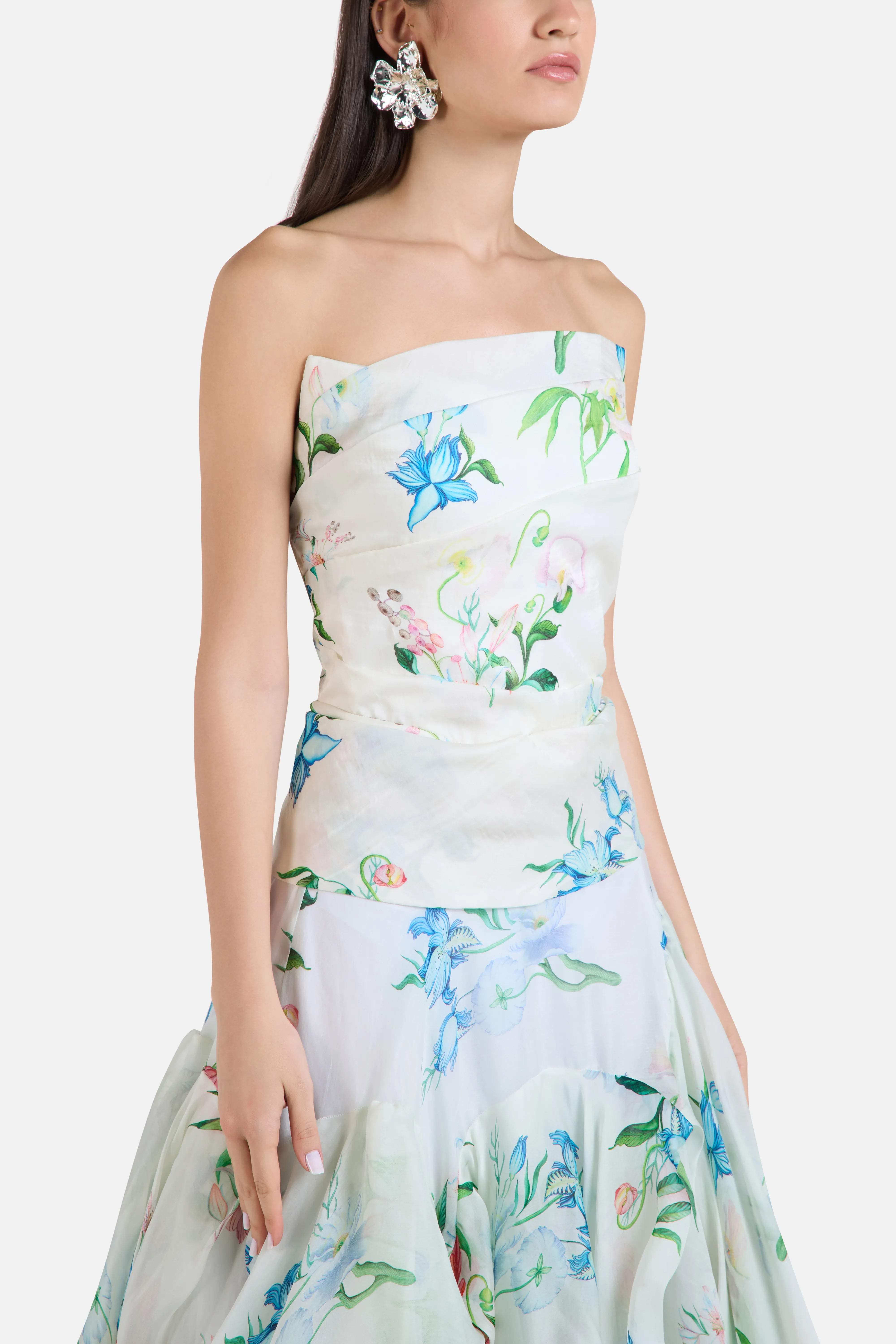 Corset Strapless Floral Top in White