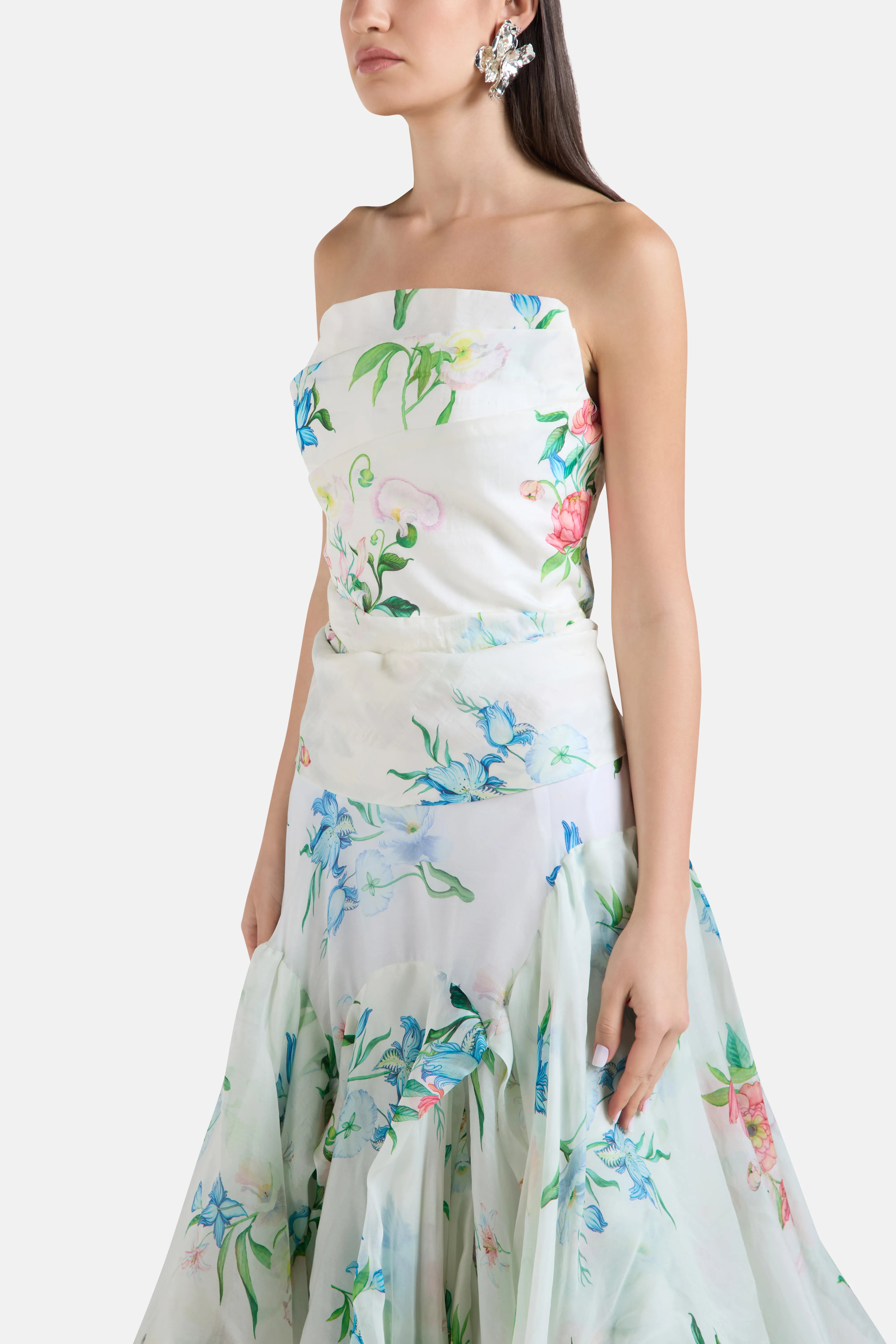 Corset Strapless Floral Top in White