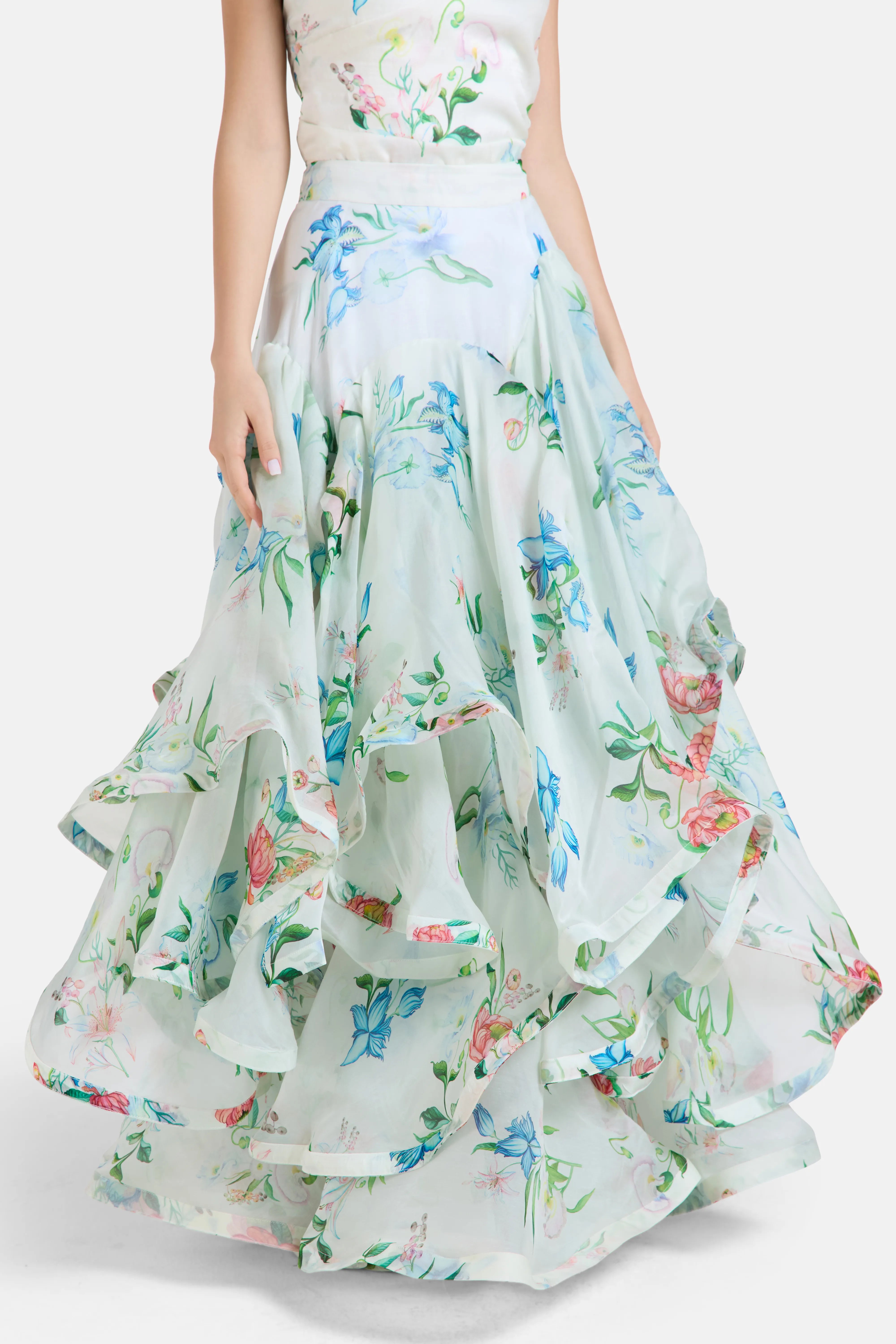 Petal Cascade Flounce Floral Maxi Skirt in White