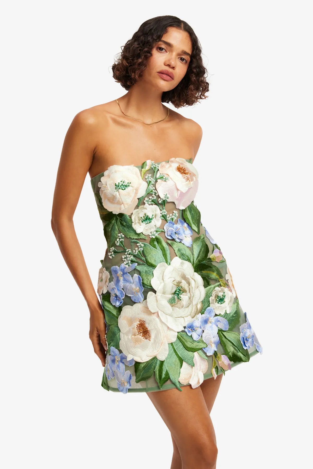 Roselle Hand-Embroidered Bustier Strapless Floral Mini Dress in Green