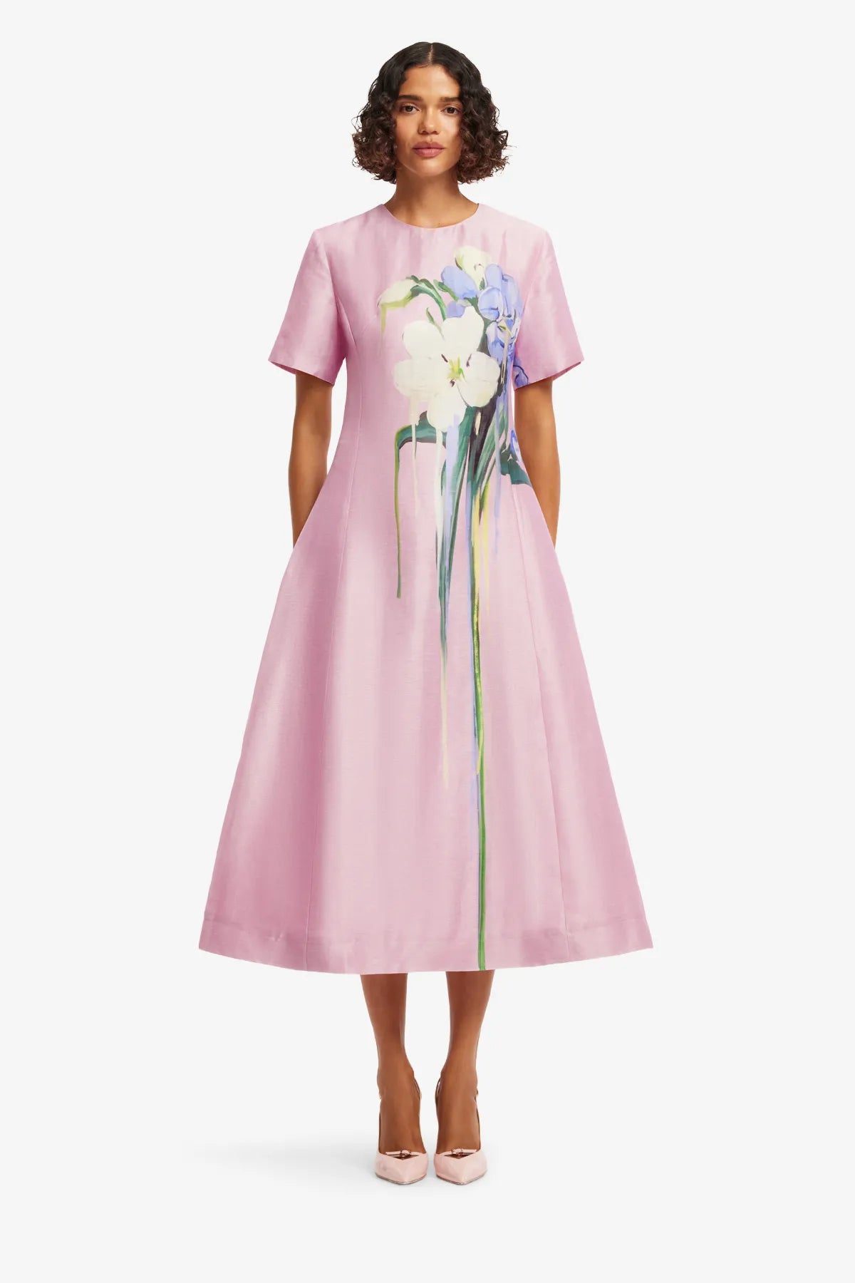 Caroline Short Sleeves Floral Midi Dress in Pink