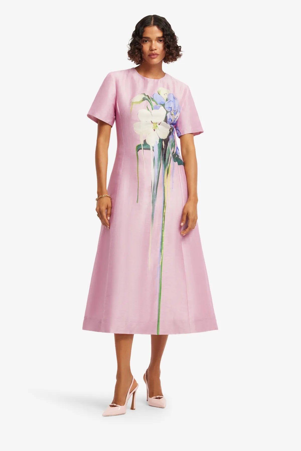 Caroline Short Sleeves Floral Midi Dress in Pink