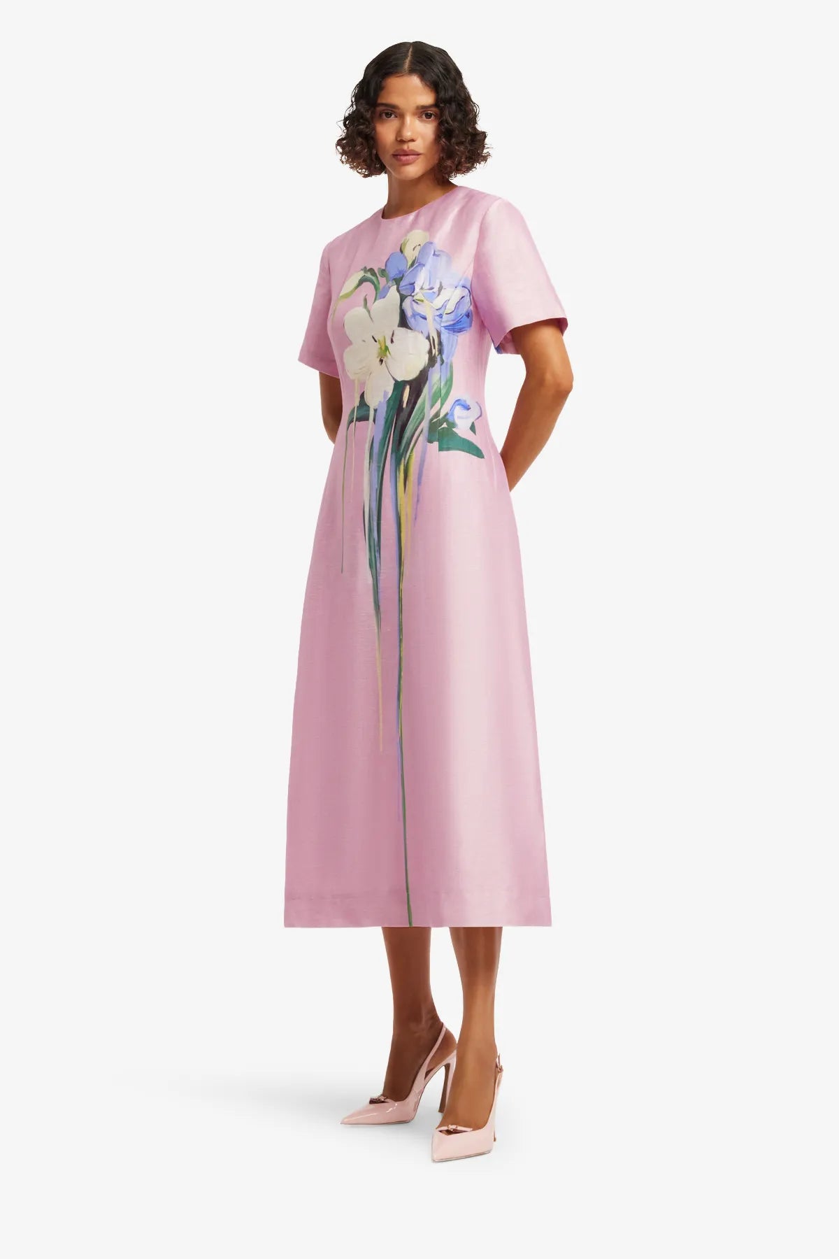 Caroline Short Sleeves Floral Midi Dress in Pink