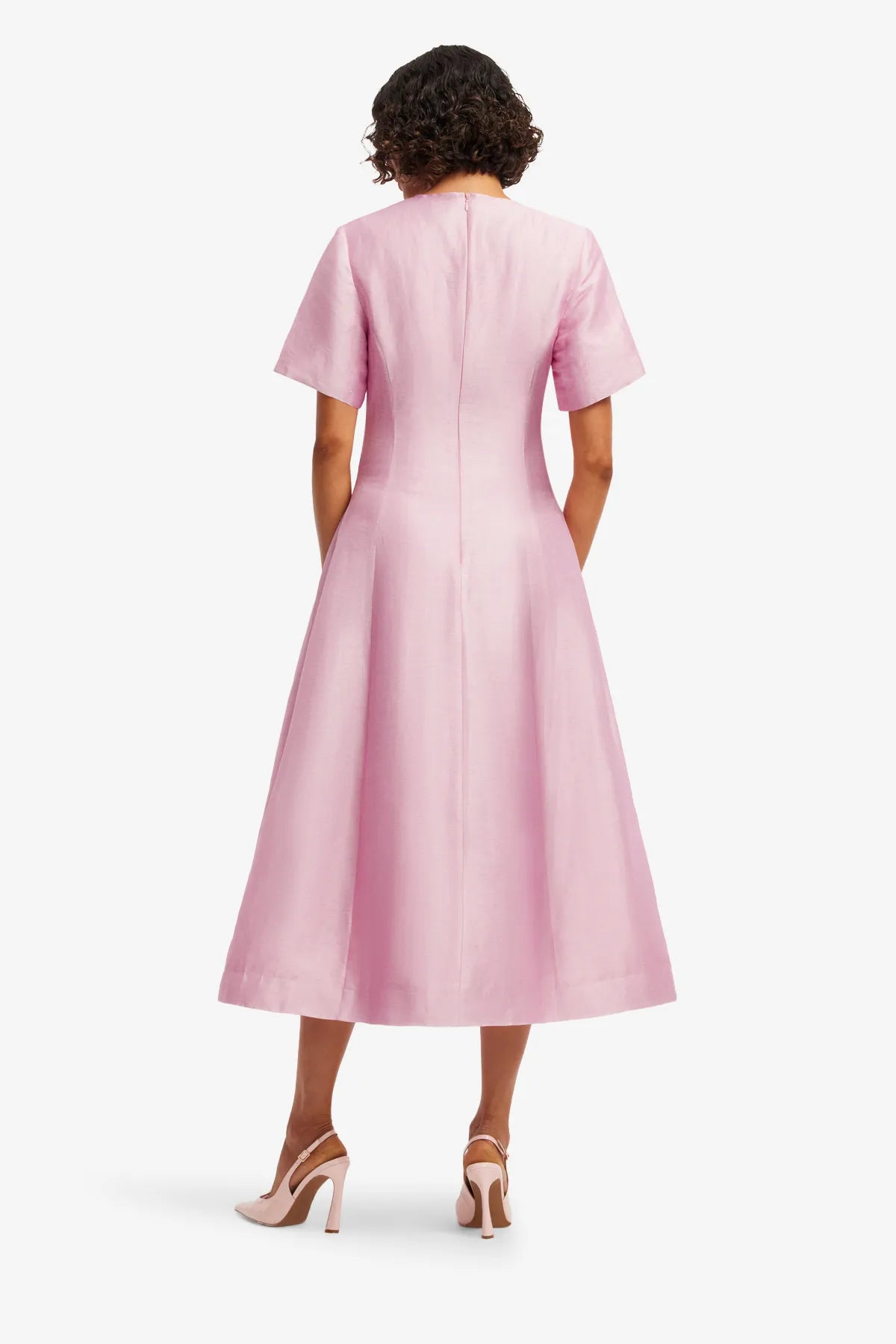 Caroline Short Sleeves Floral Midi Dress in Pink