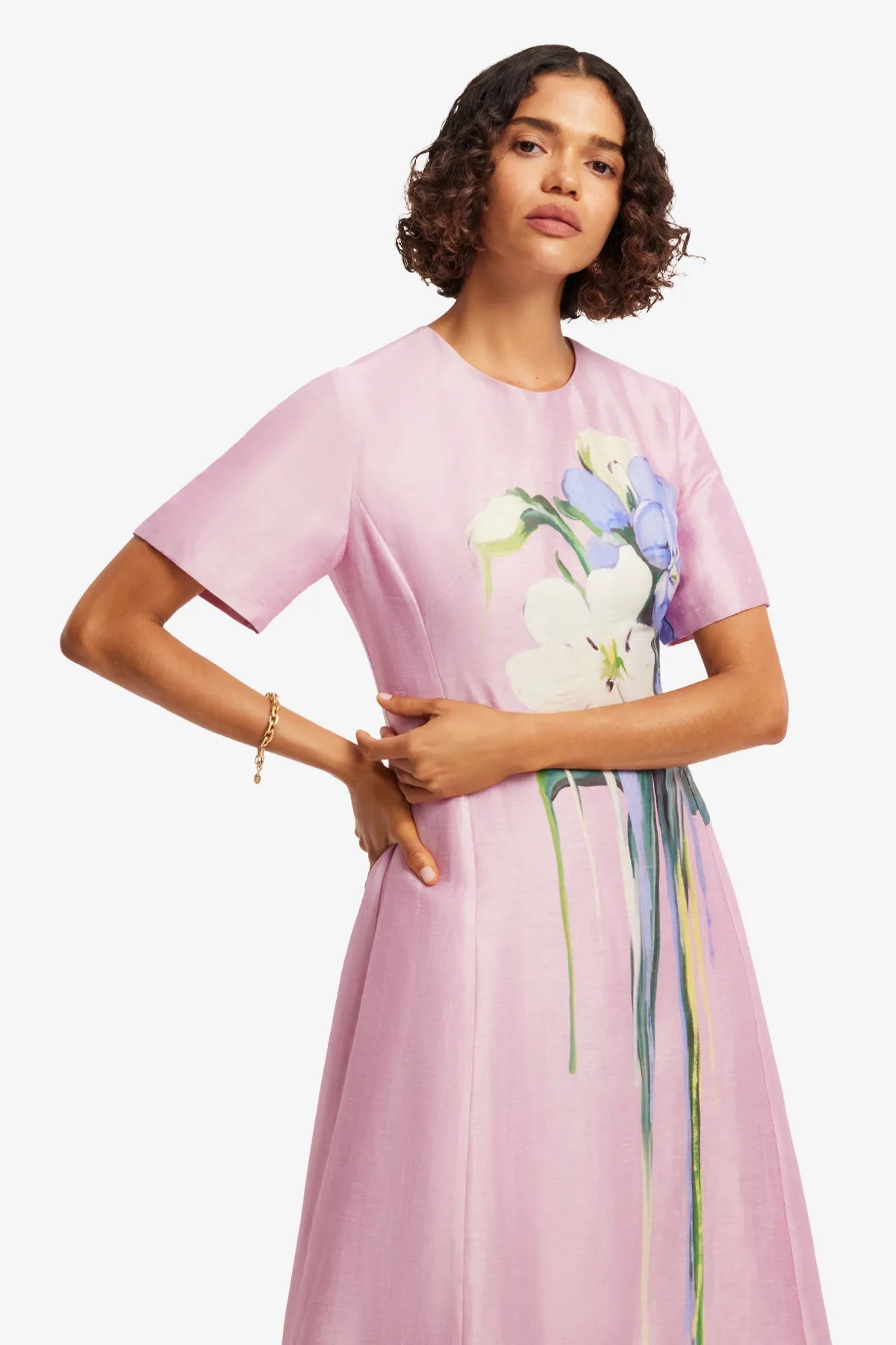 Caroline Short Sleeves Floral Midi Dress in Pink