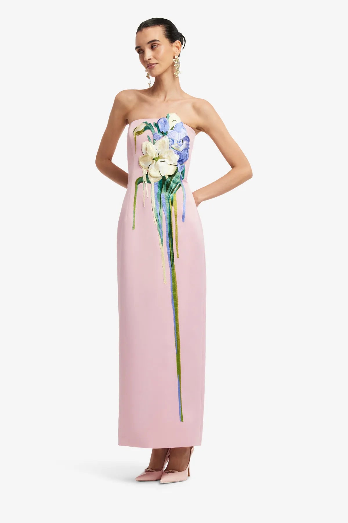Rayna Embroidered Bustier Strapless Floral Maxi Dress in Pink