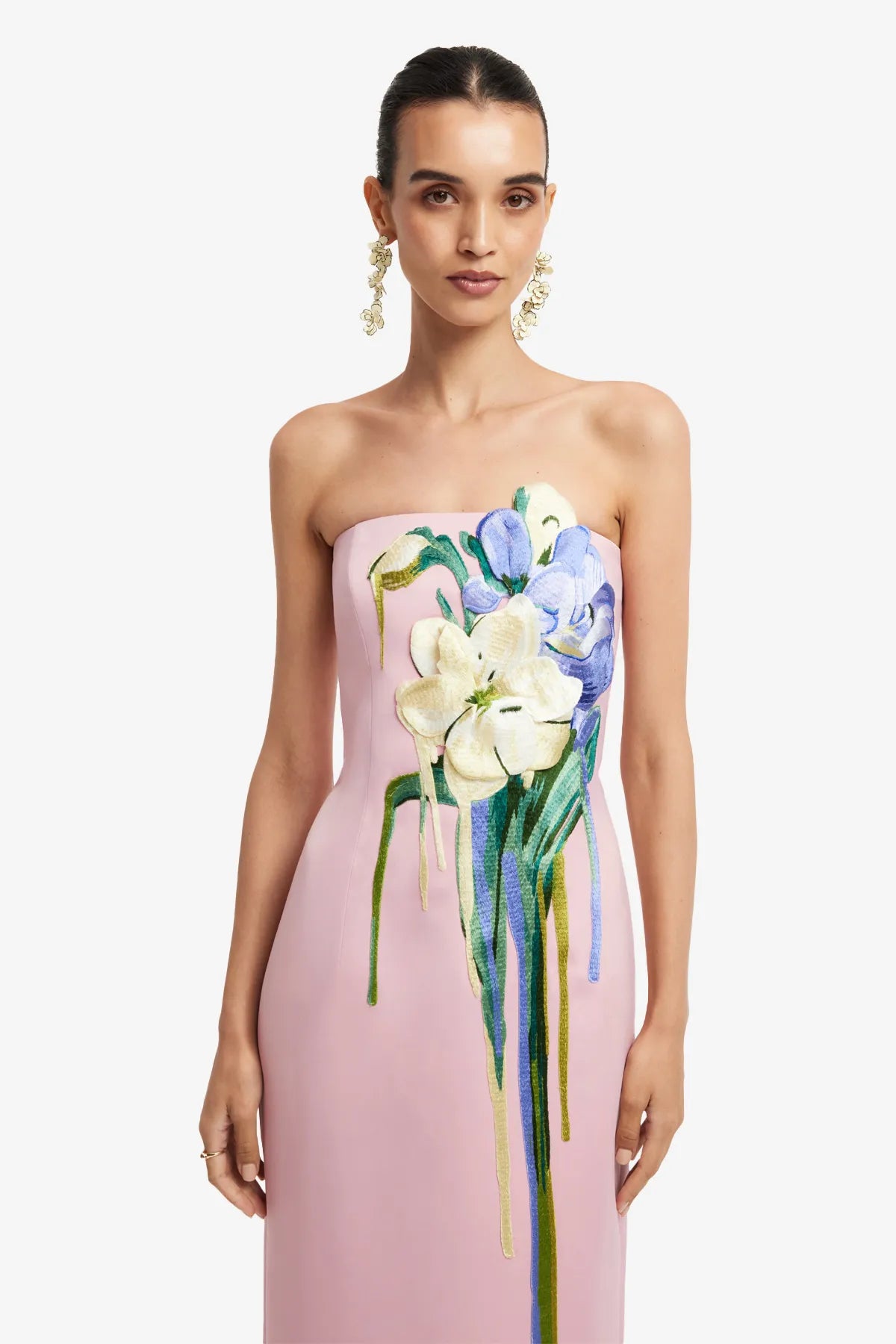 Rayna Embroidered Bustier Strapless Floral Maxi Dress in Pink
