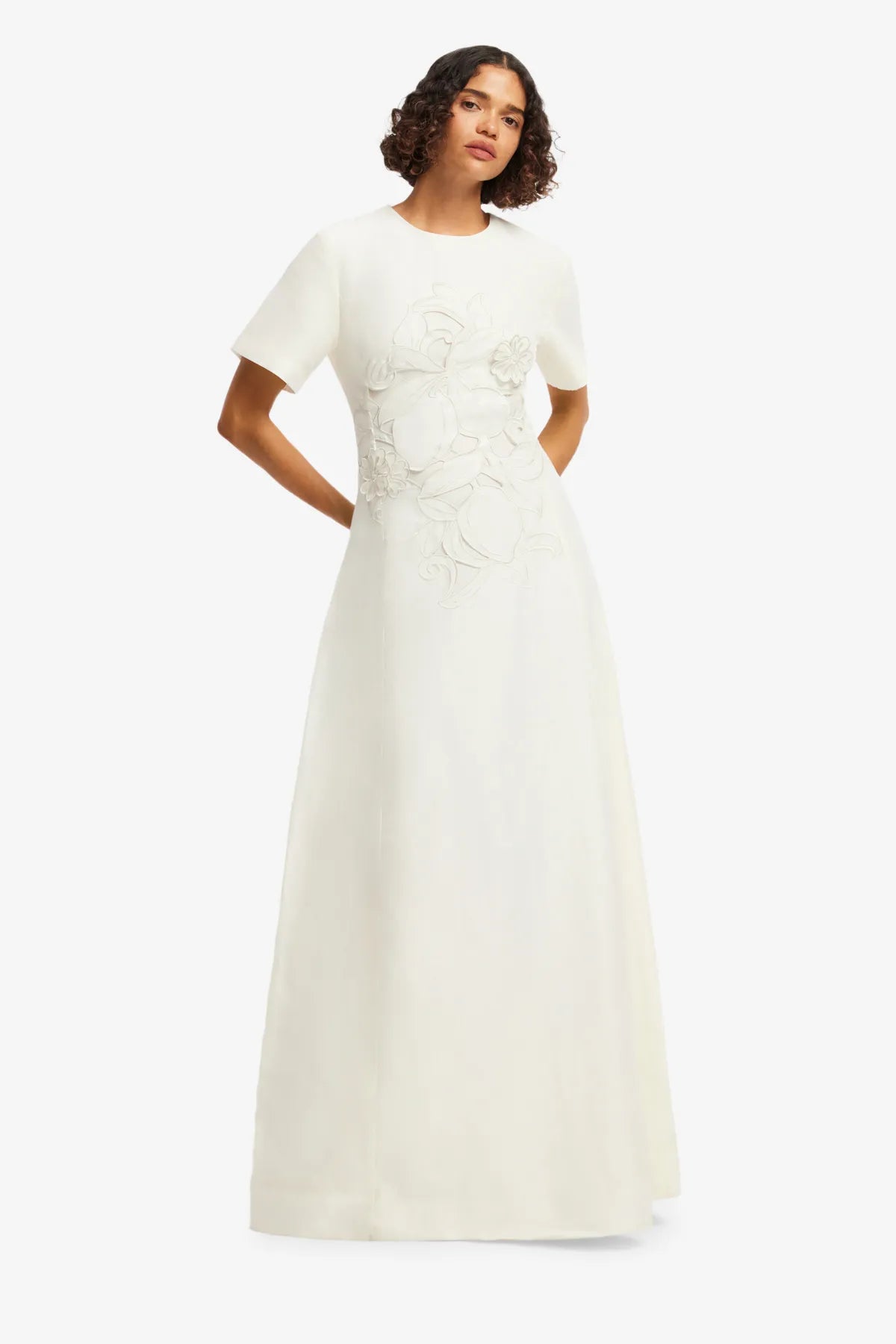 Alice Floral Applique Short Sleeves Linen Maxi Dress in White