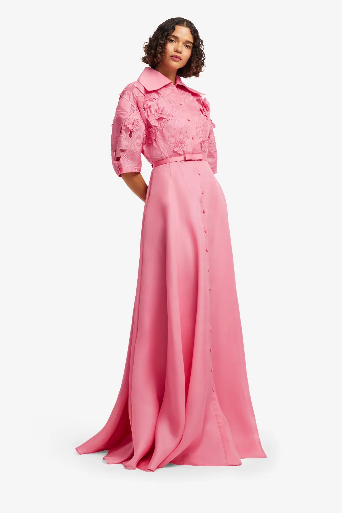 Junia Floral Applique Puff Sleeves Belted Silk Maxi Dress in Pink