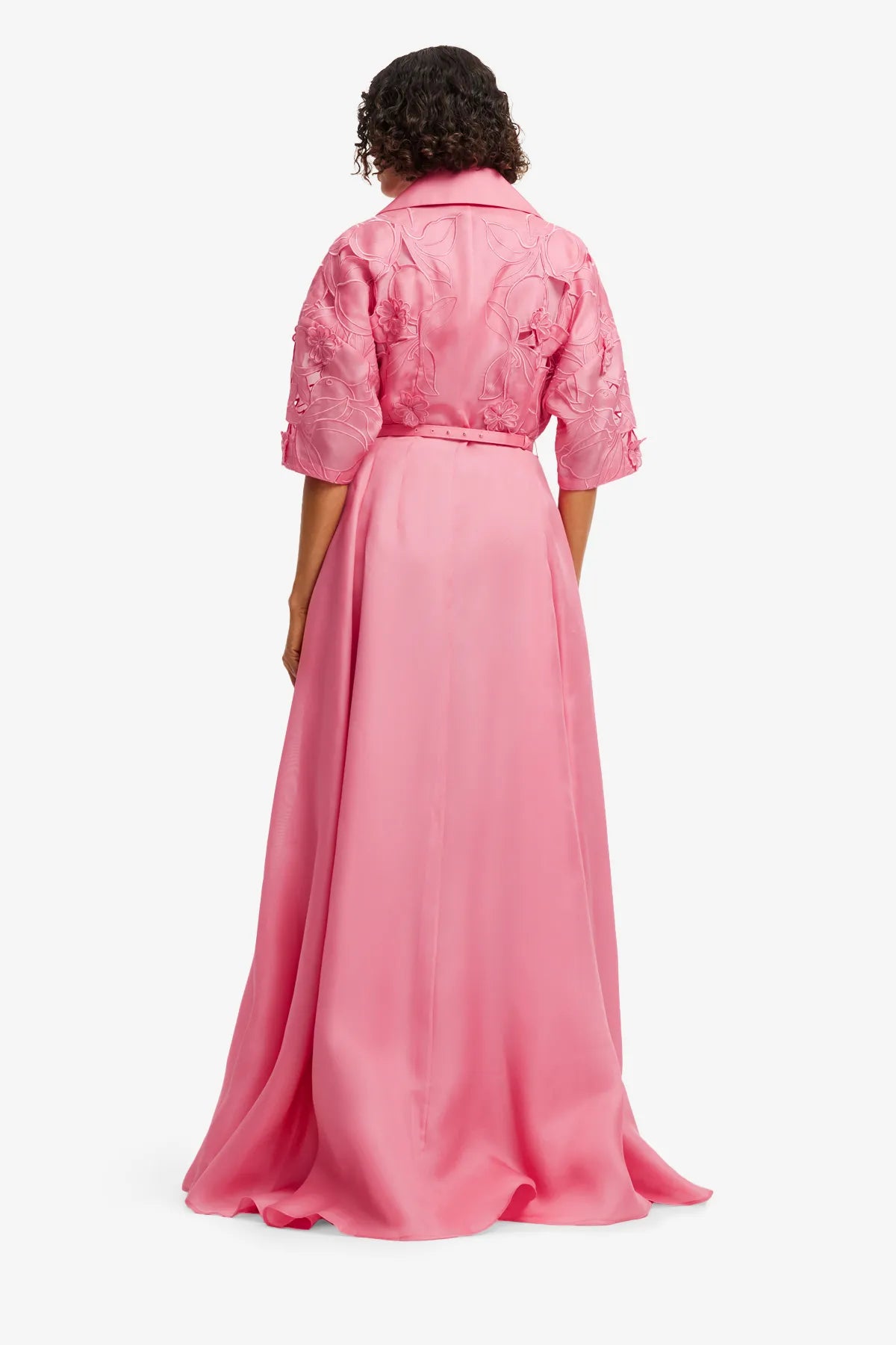 Junia Floral Applique Puff Sleeves Belted Silk Maxi Dress in Pink
