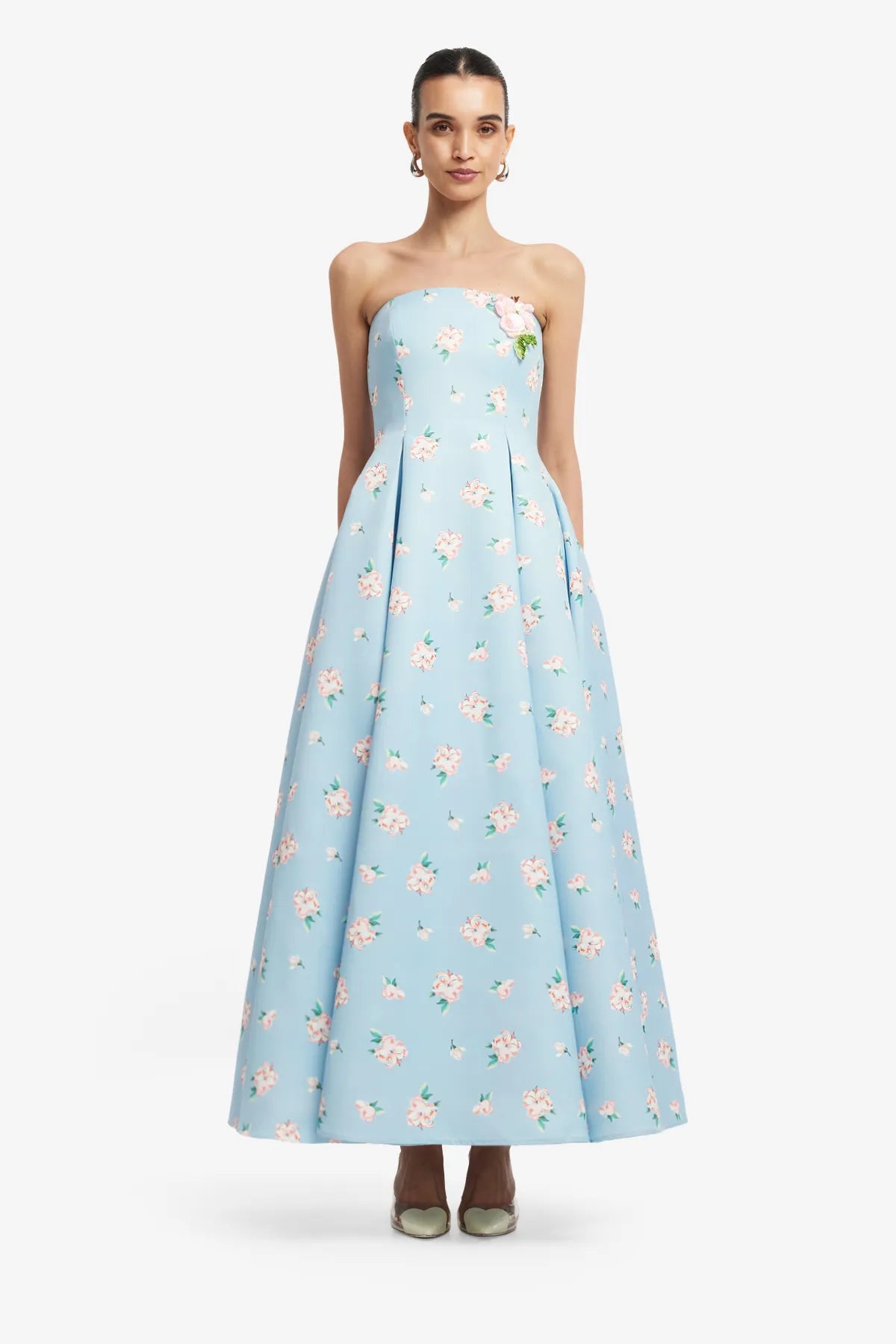 Nora Bustier Strapless Floral Maxi Dress in Blue