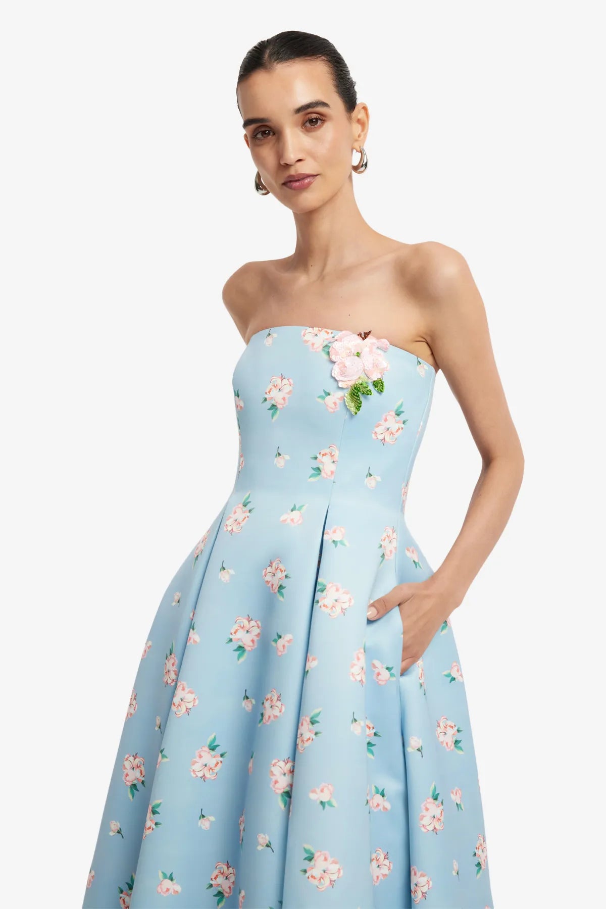 Nora Bustier Strapless Floral Maxi Dress in Blue