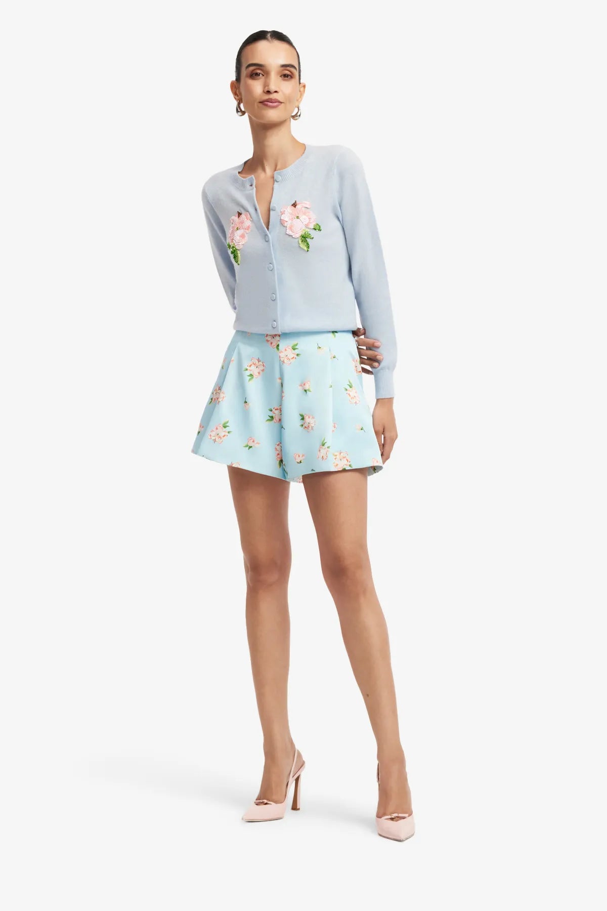 Claire Embellished Knit Floral Wool Cashmere Cardigan in Blue