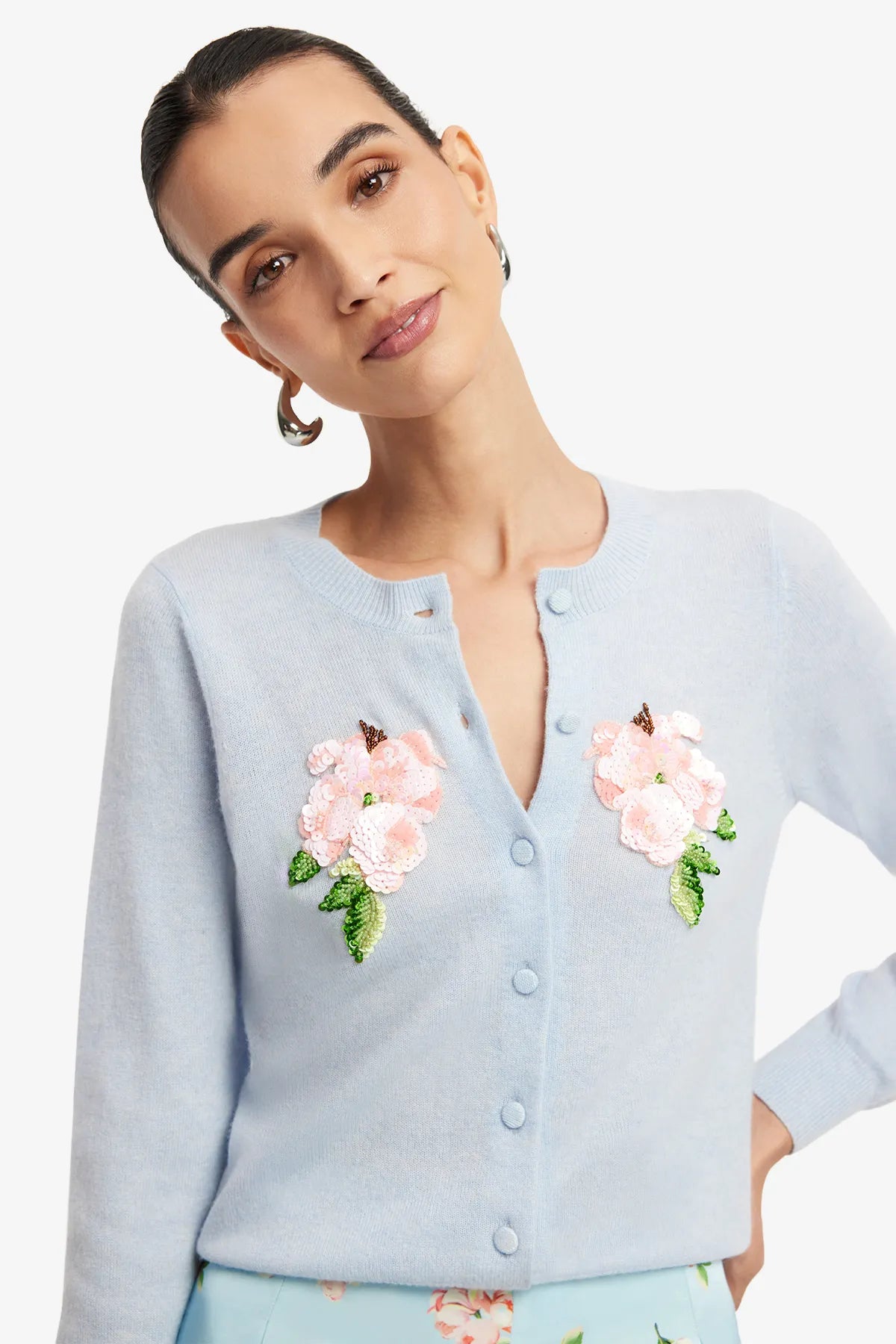 Claire Embellished Knit Floral Wool Cashmere Cardigan in Blue
