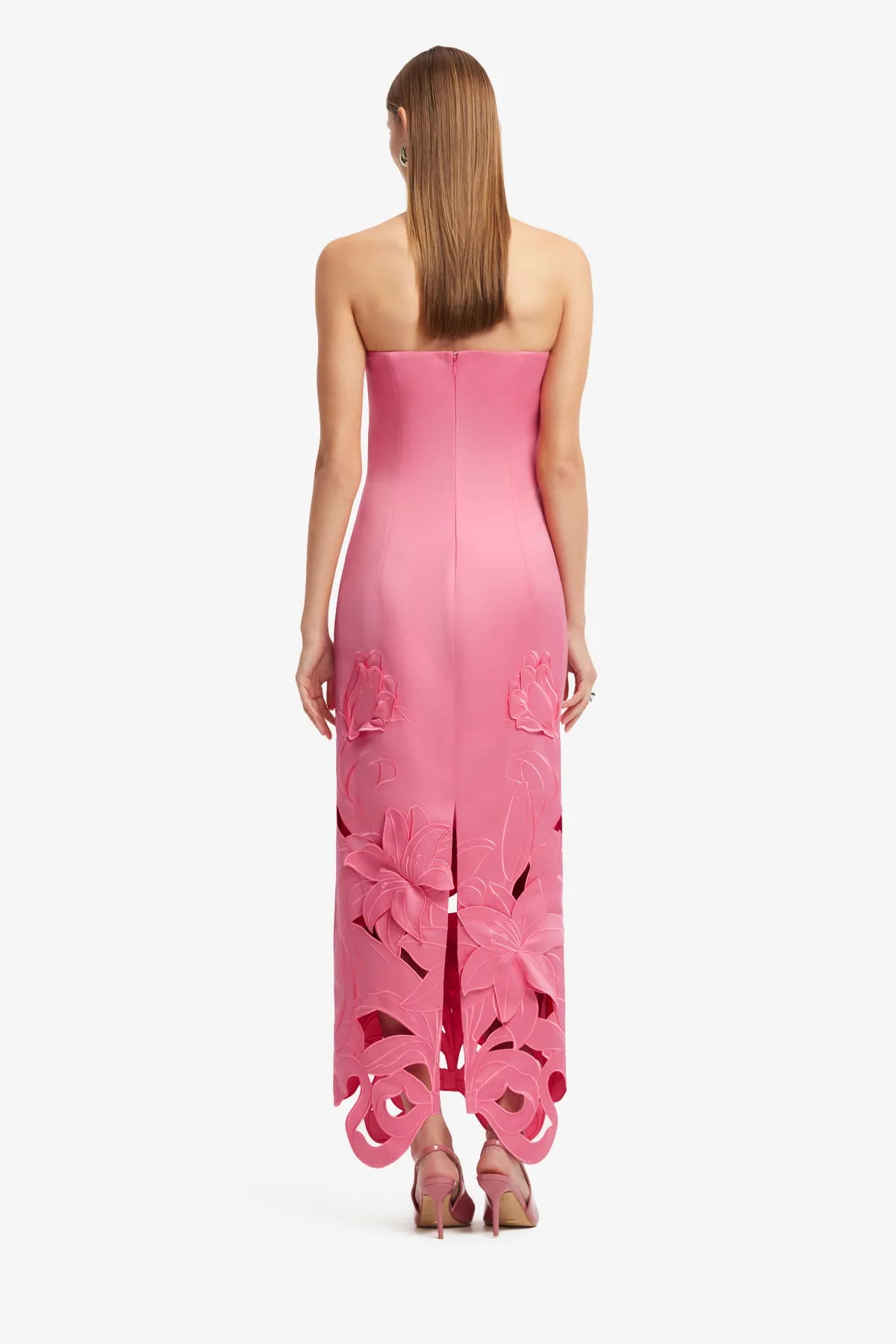Rayna Floral Applique Bustier Strapless Maxi Dress in Pink