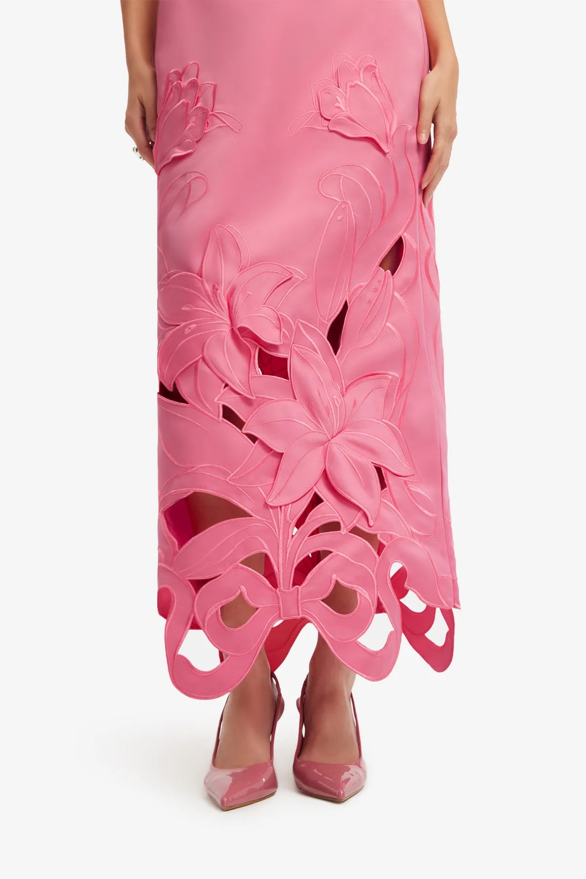 Rayna Floral Applique Bustier Strapless Maxi Dress in Pink