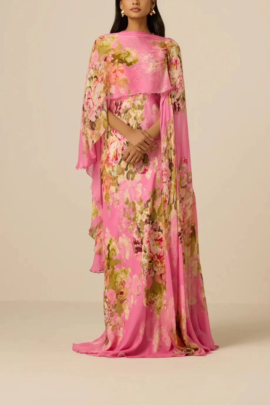 Saro Bias Floral Cape Maxi Dress in Pink