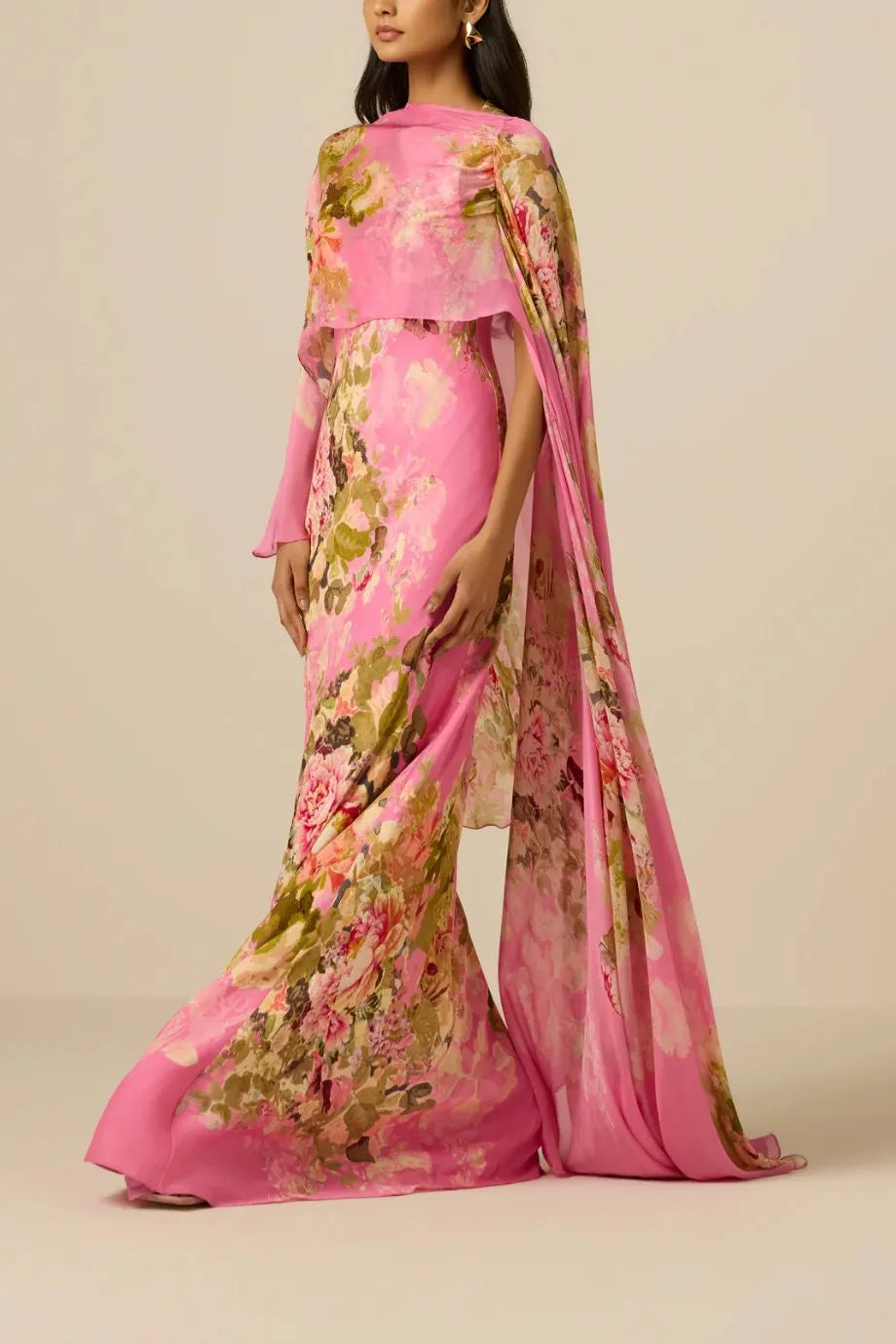 Saro Bias Floral Cape Maxi Dress in Pink