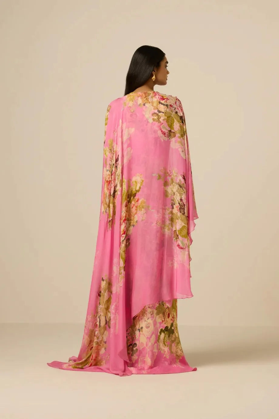 Saro Bias Floral Cape Maxi Dress in Pink