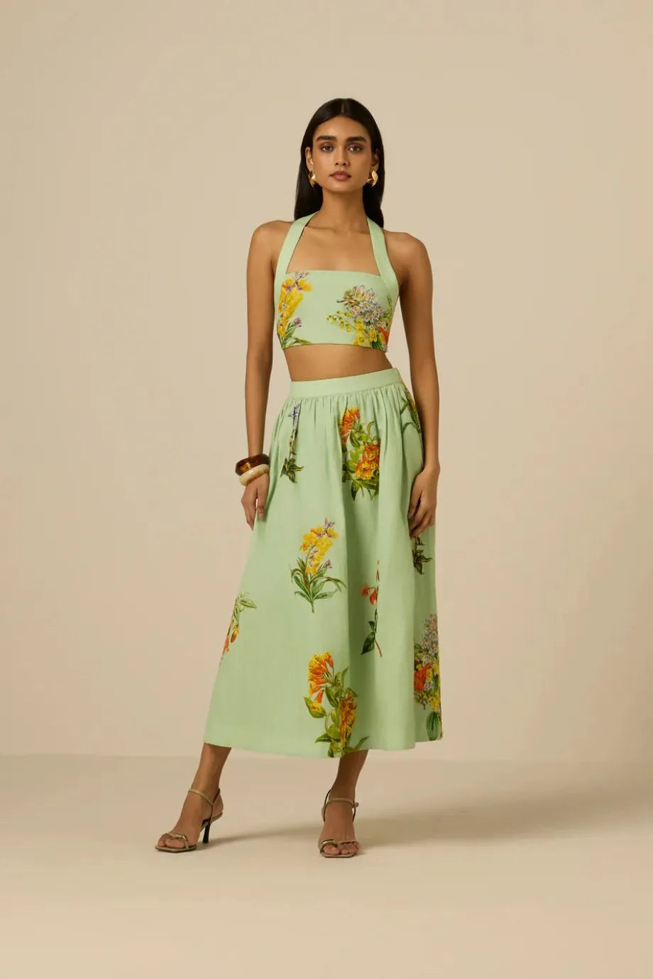 Baku Floral Linen Cotton Midi Skirt in Green