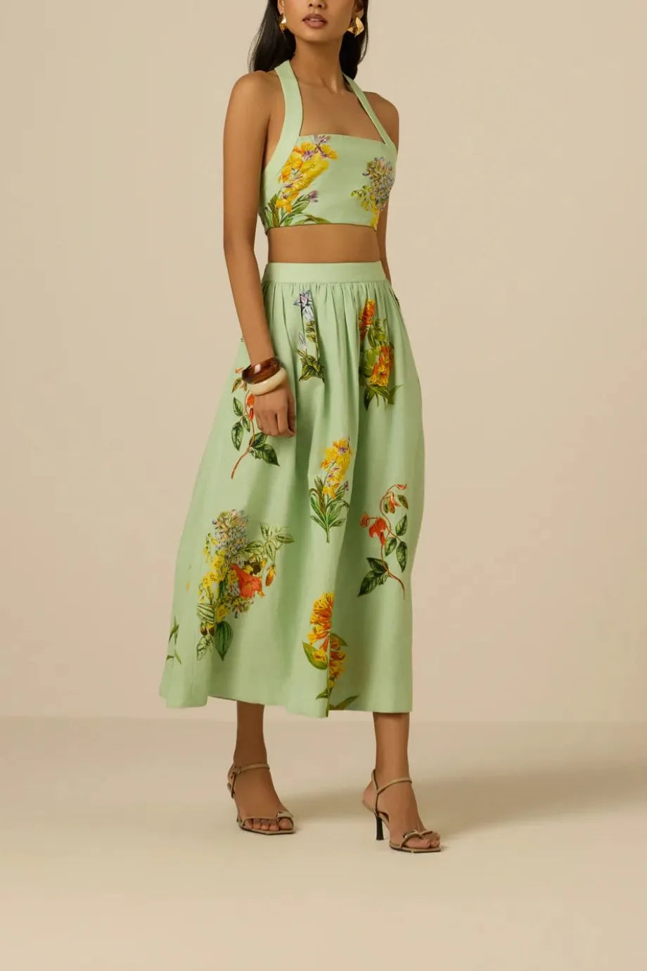 Baku Floral Linen Cotton Midi Skirt in Green