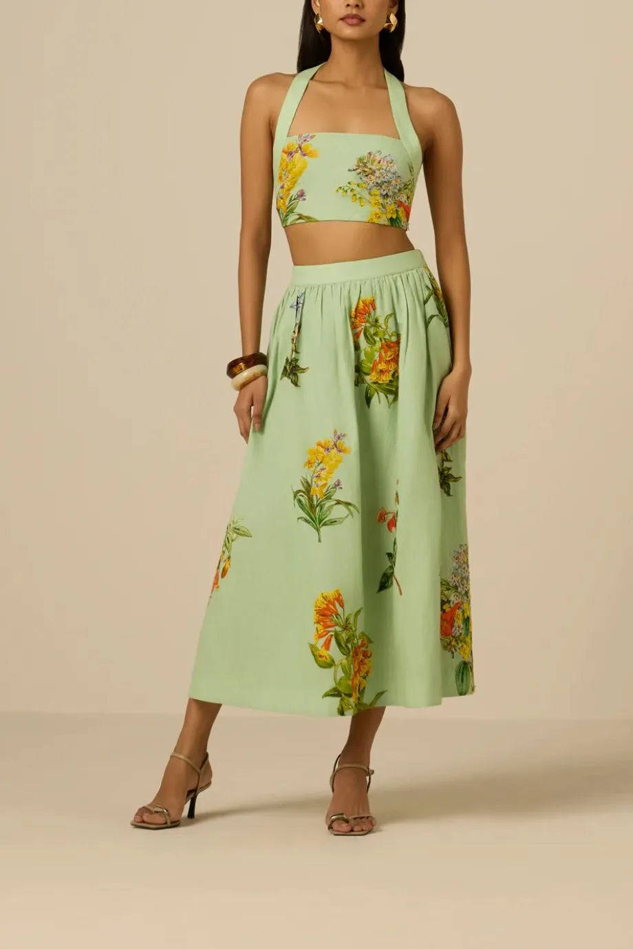 Baku Floral Linen Cotton Midi Skirt in Green