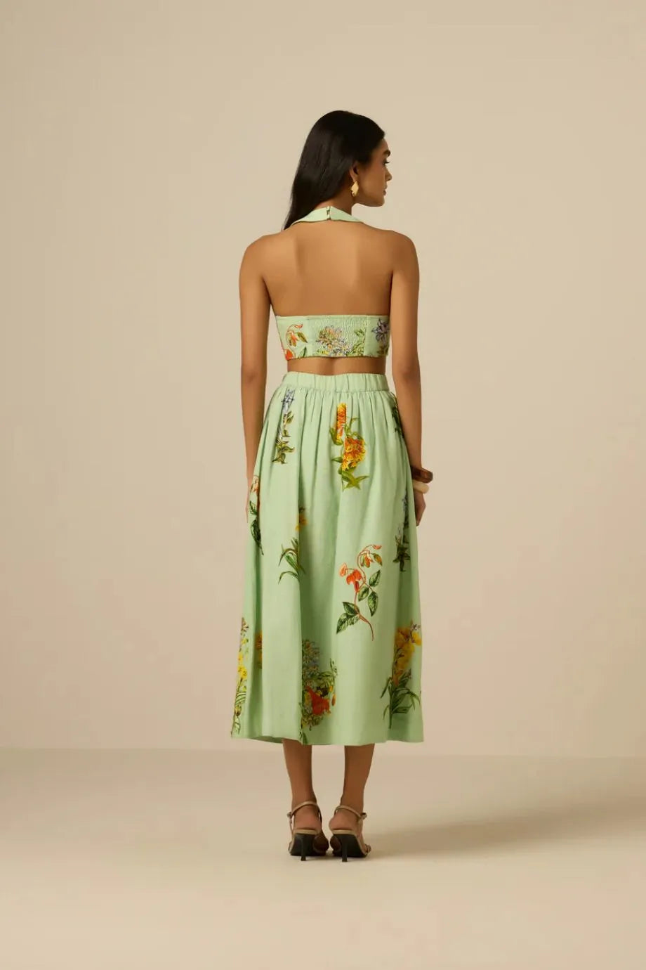 Baku Floral Sleeveless Linen Cotton Crop Top in Green