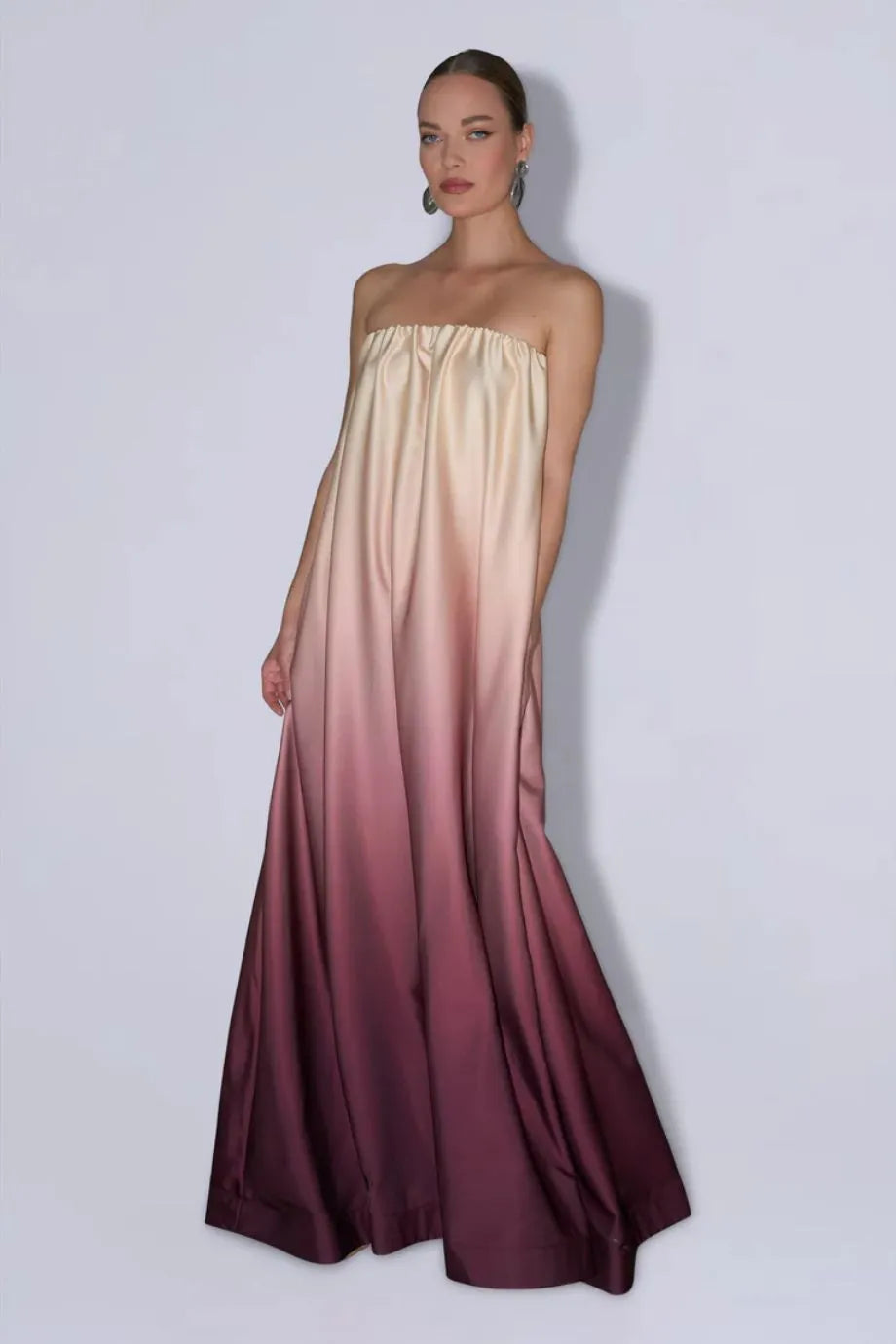 Costiera Souffle Ombre Silk Velvet Strapless Pleated Evening Dress in Red