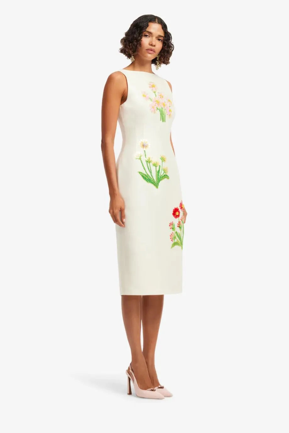 Eleanor Floral Embellished Sleeveless Silk Midi Dress in White