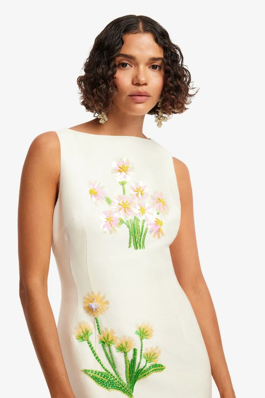 Eleanor Floral Embellished Sleeveless Silk Midi Dress in White