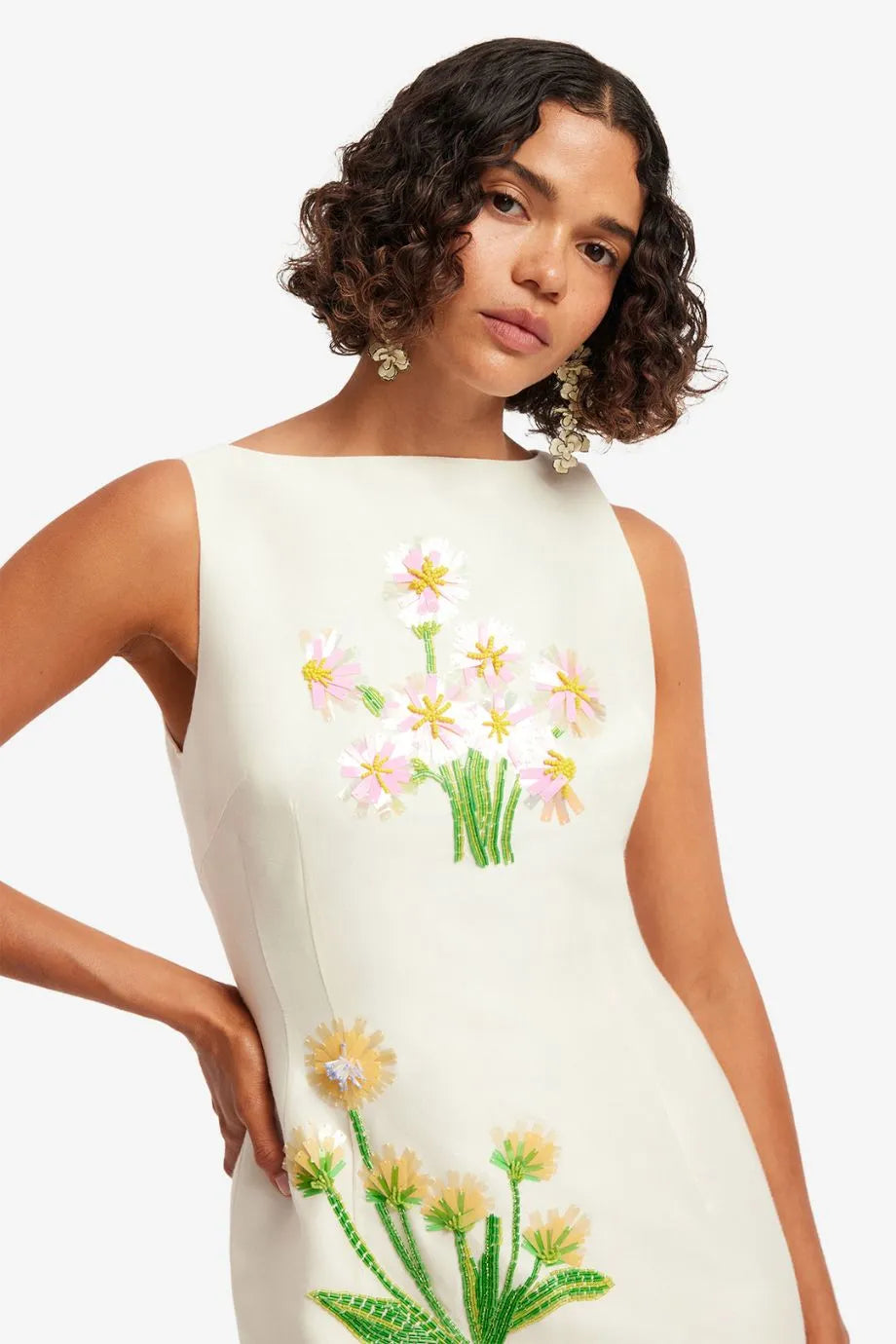 Eleanor Floral Embellished Sleeveless Silk Midi Dress in White