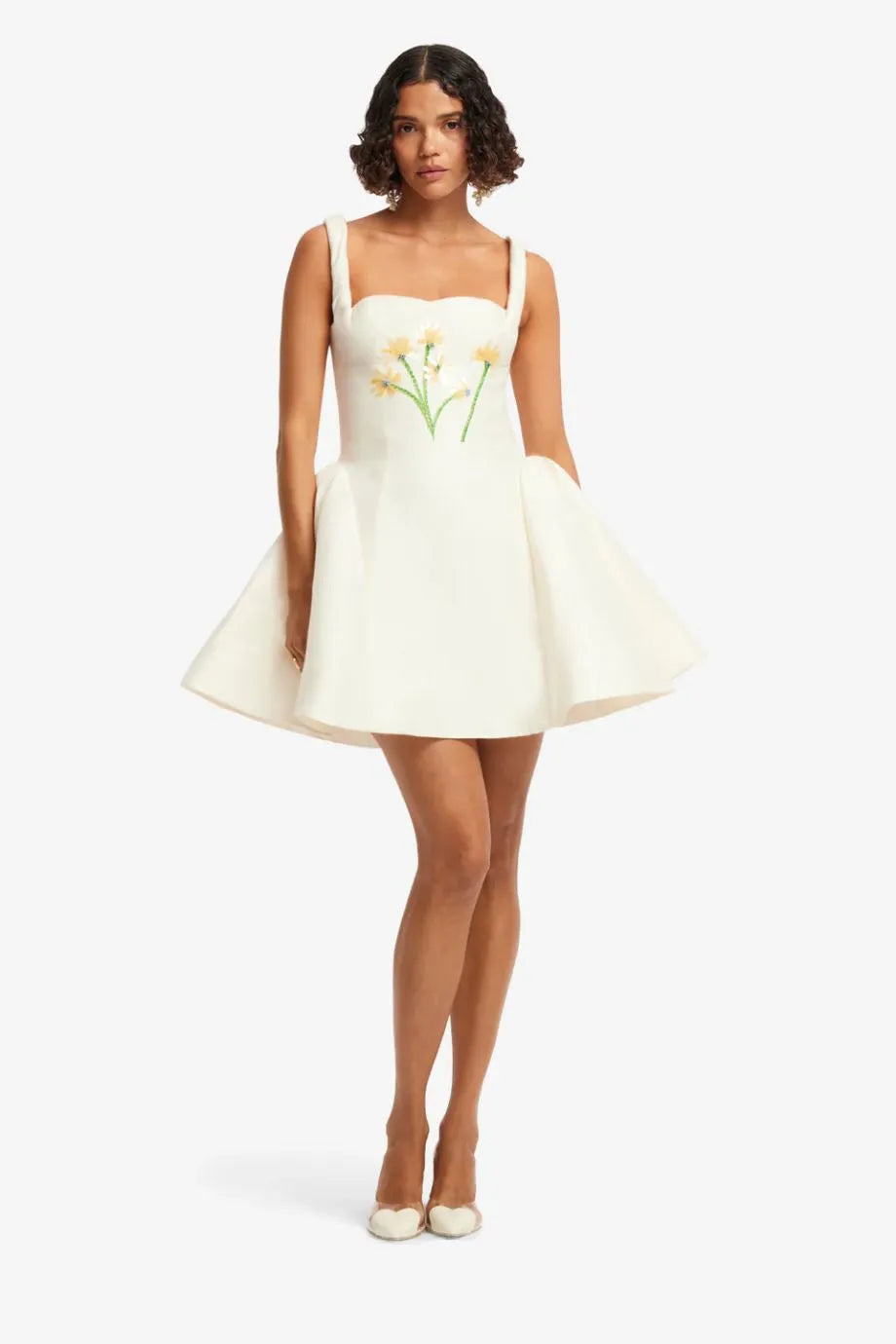 Ariel Floral Embellished Sleeveless Silk Mini Dress in White