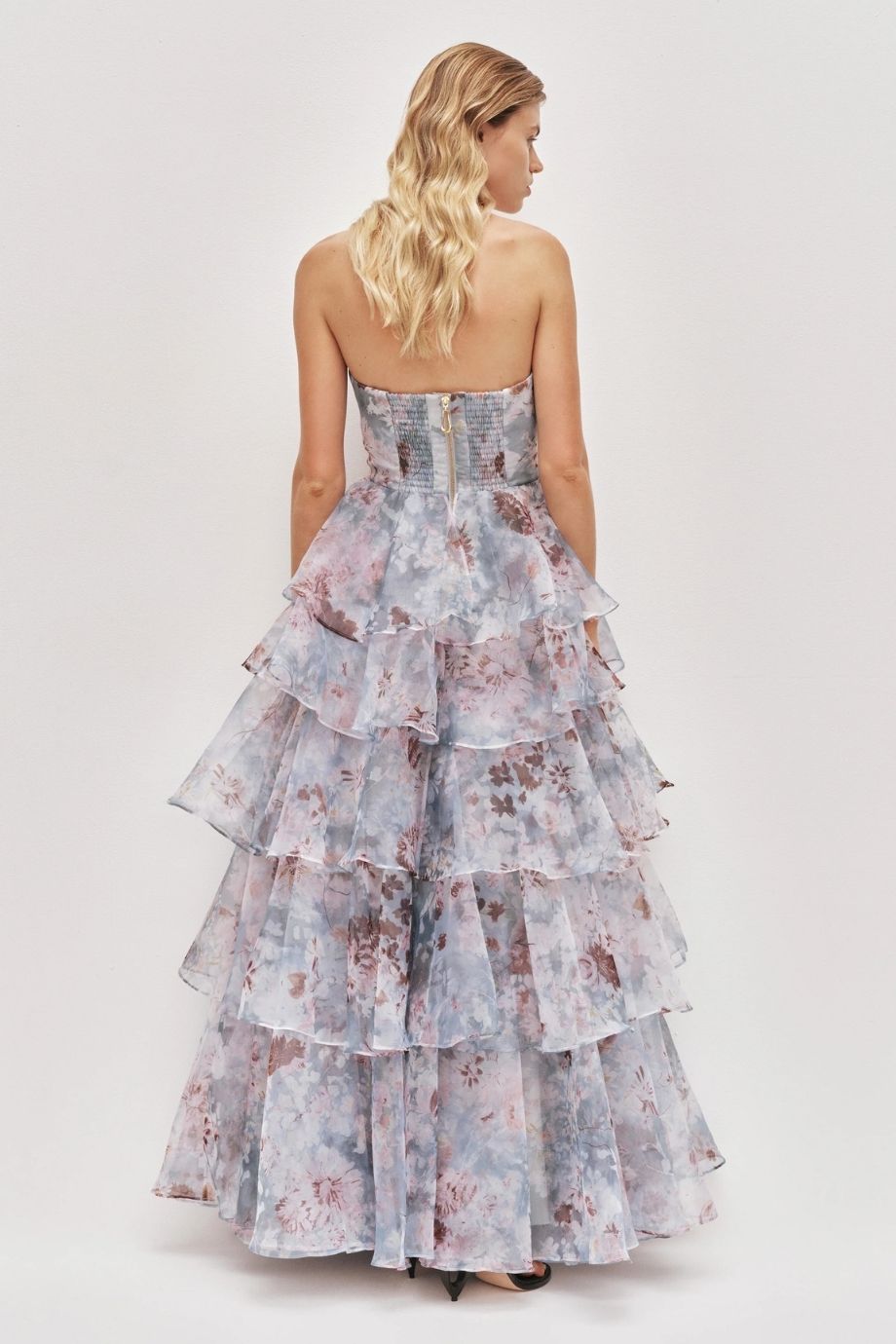 Gabriella Linen Blend Strapless Floral Maxi Dress in Blue