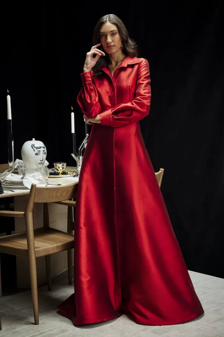 Collared Shirt Silk Blend Evening Gown in Red