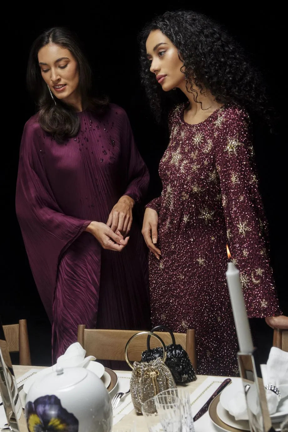 Jasmine Gold Stars Moon Embellished Evening Dress in Burgundy