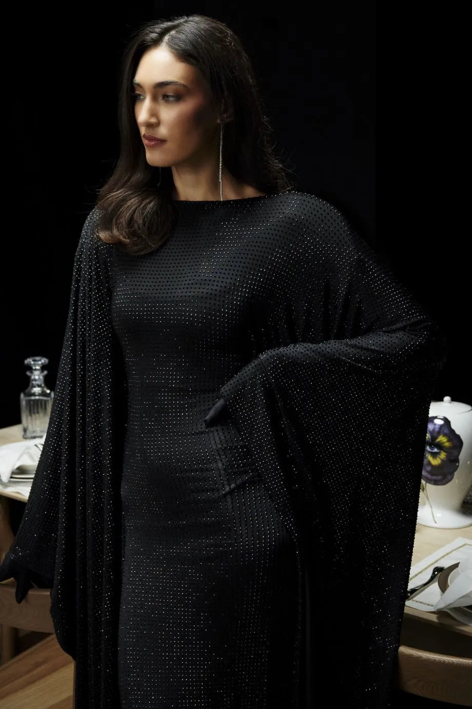 Crystals Studded Kaftan in Black