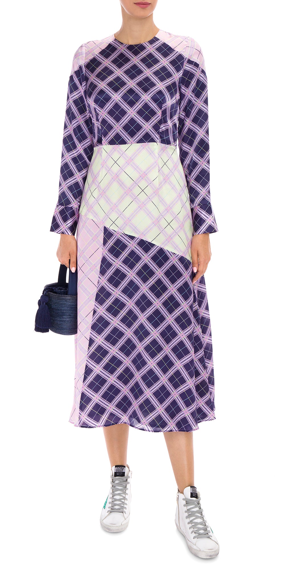 Check Long Sleeve Midi Dress