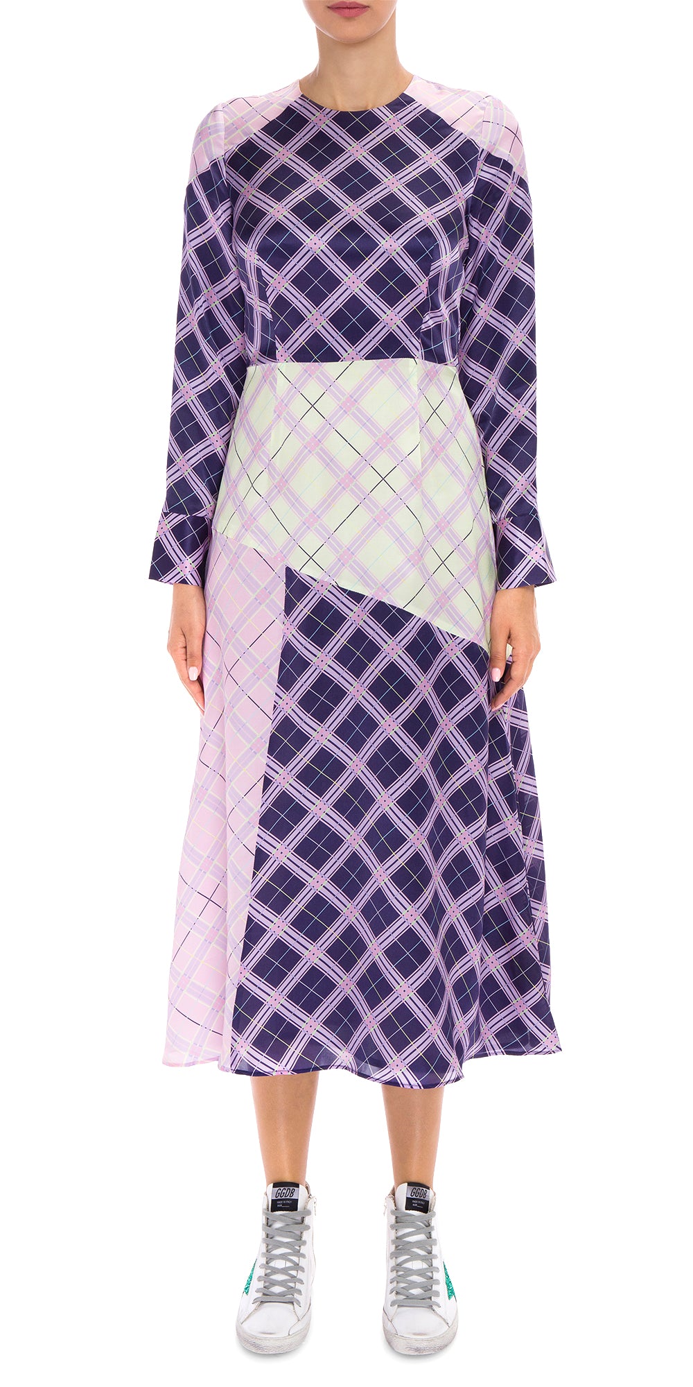 Check Long Sleeve Midi Dress