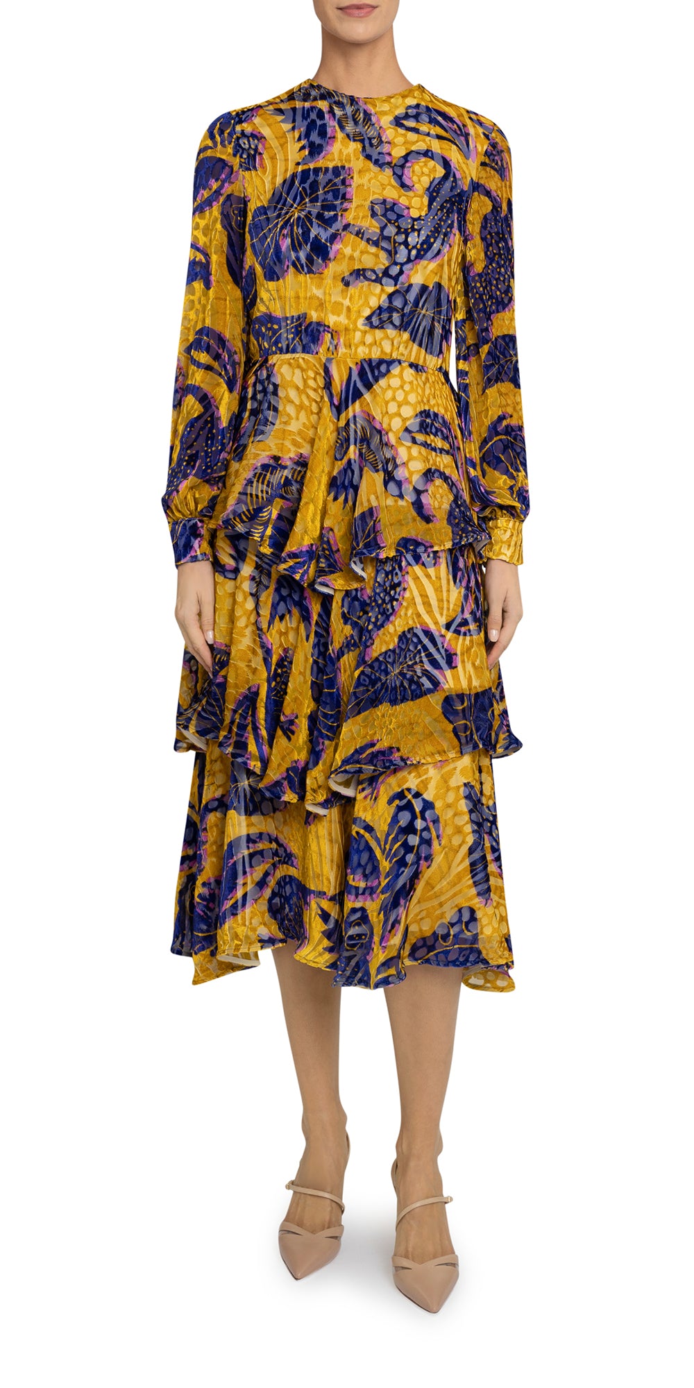 L/S Tiered Print Midi Dress