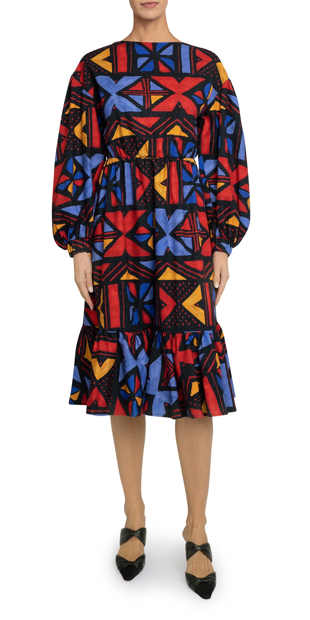 Long Puff Sleeve Print Midi Dress