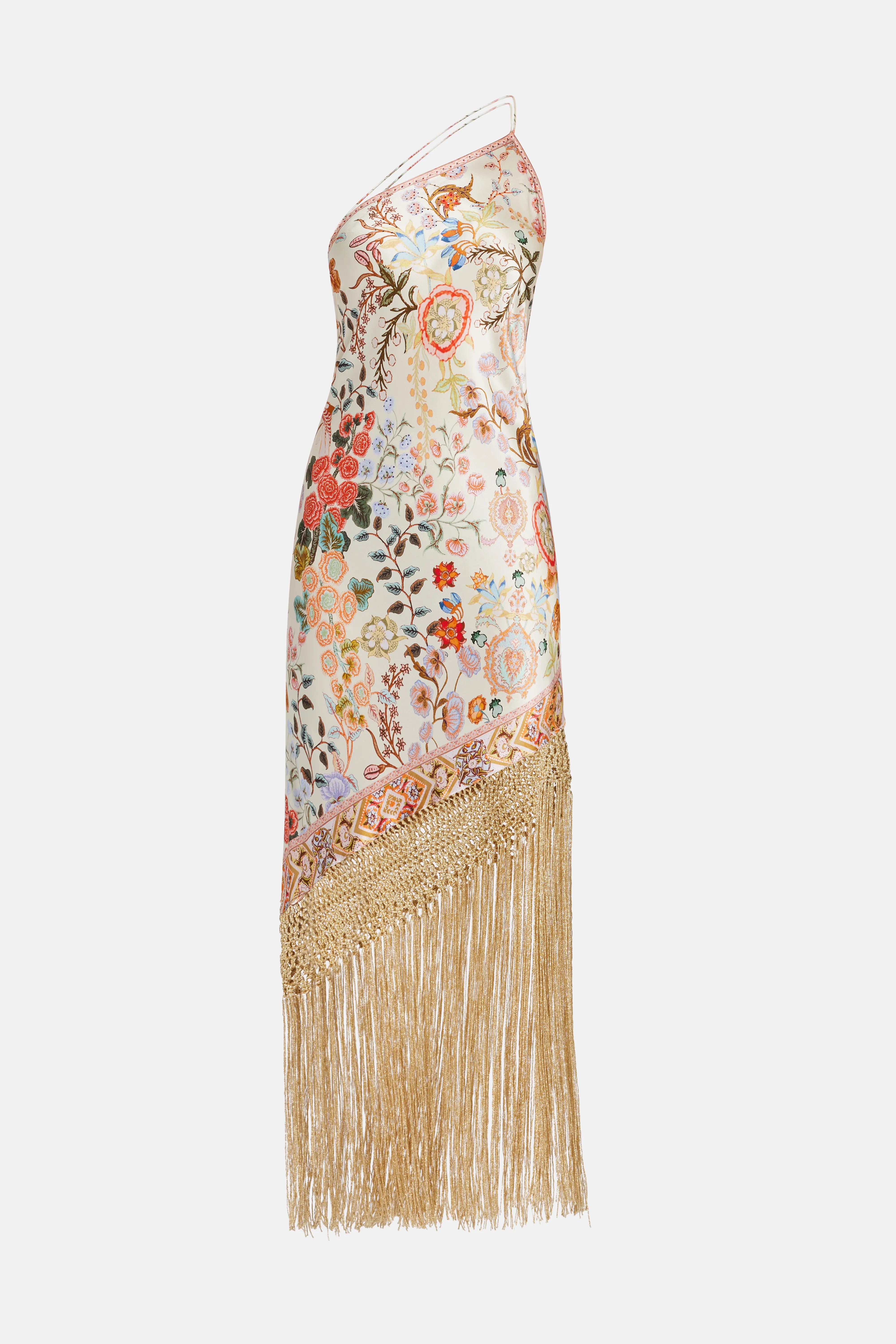 One Shoulder Maxi Dress With Fringe Hem