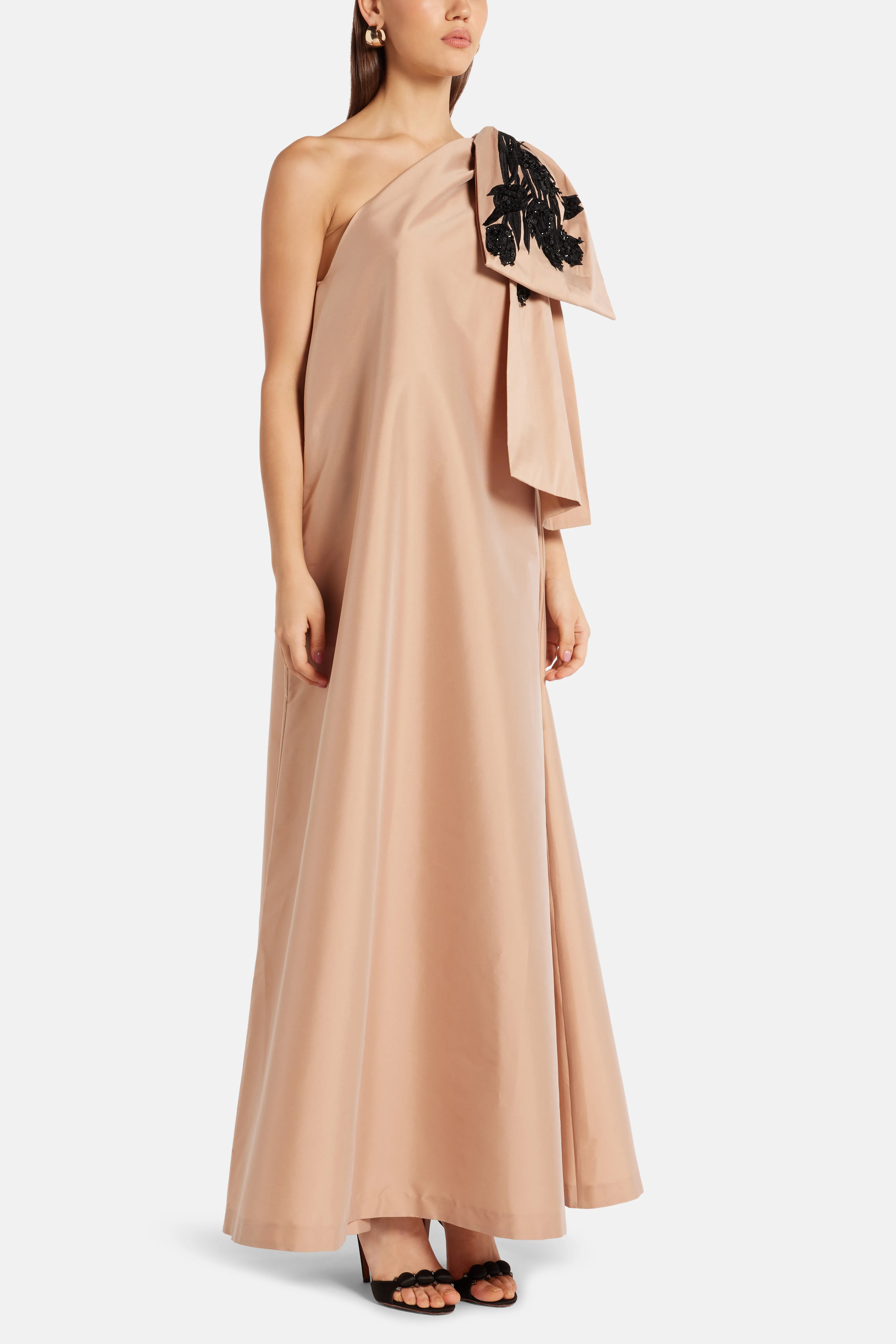 Winnie One Shoulder Embroidered Maxi Dress in Beige