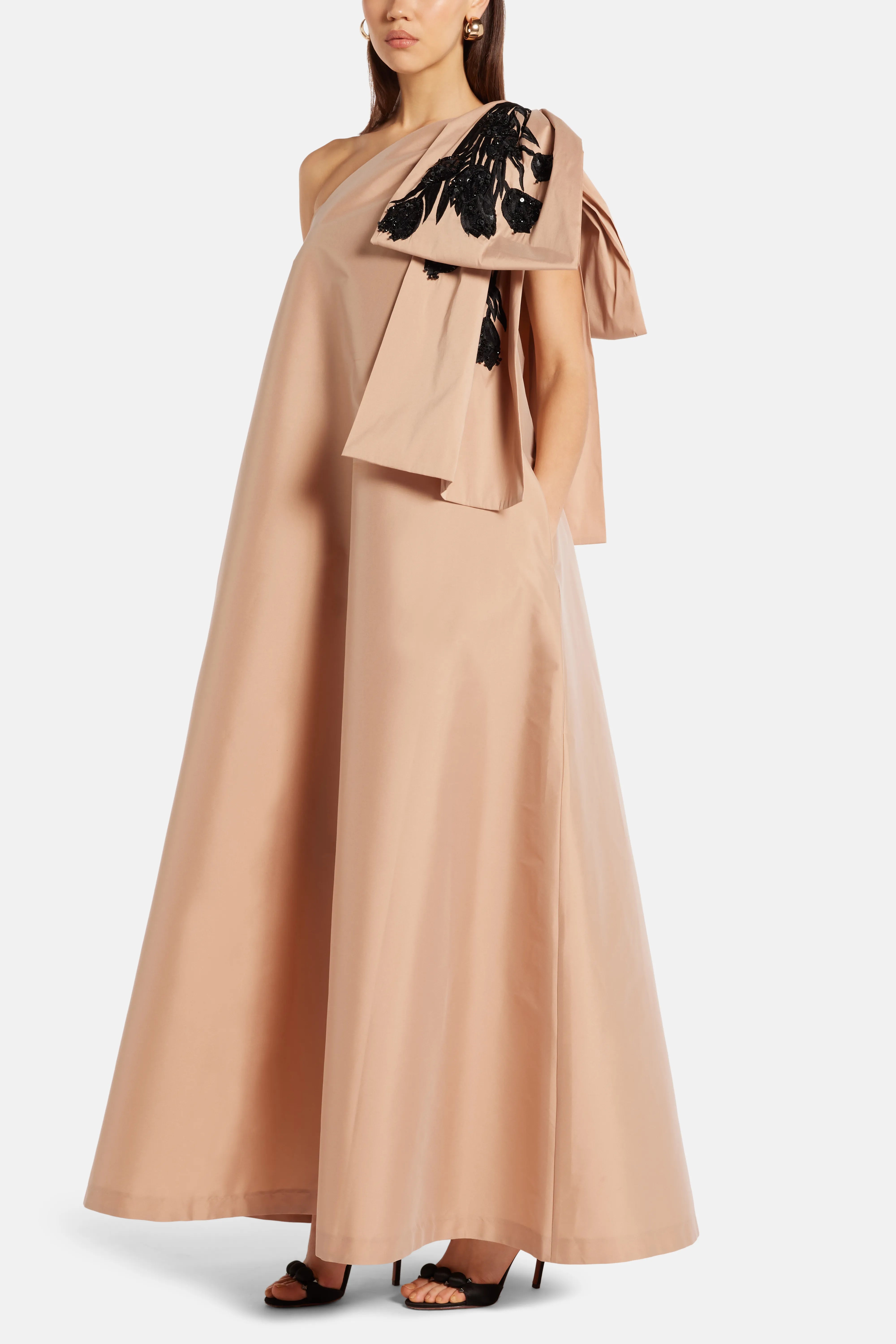 Winnie One Shoulder Embroidered Maxi Dress in Beige