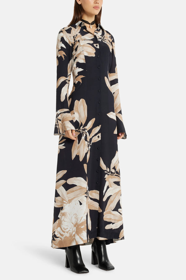 Niru Floral Shirt Maxi Dress in Black