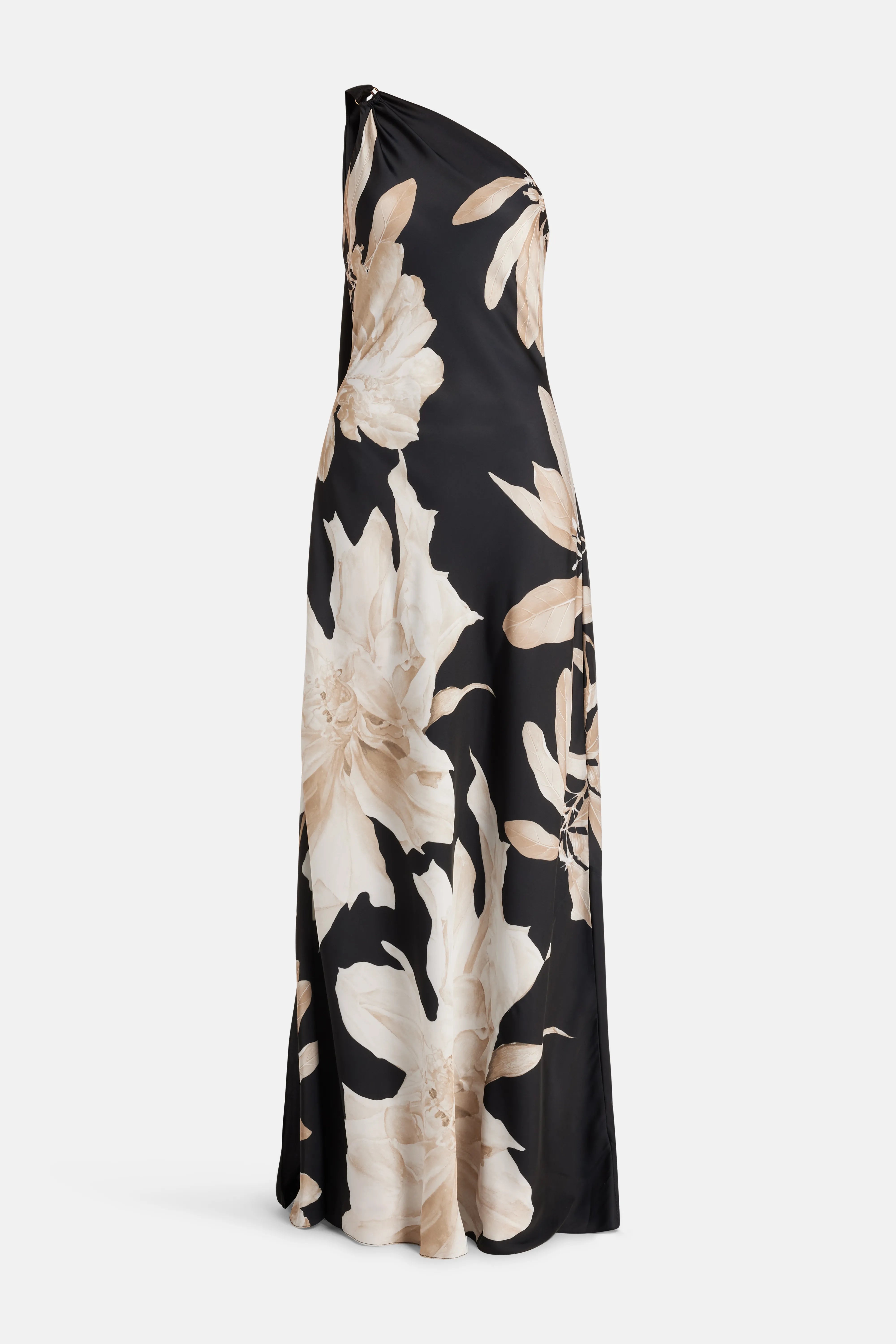 Niru Floral One Shoulder Maxi Dress in Black