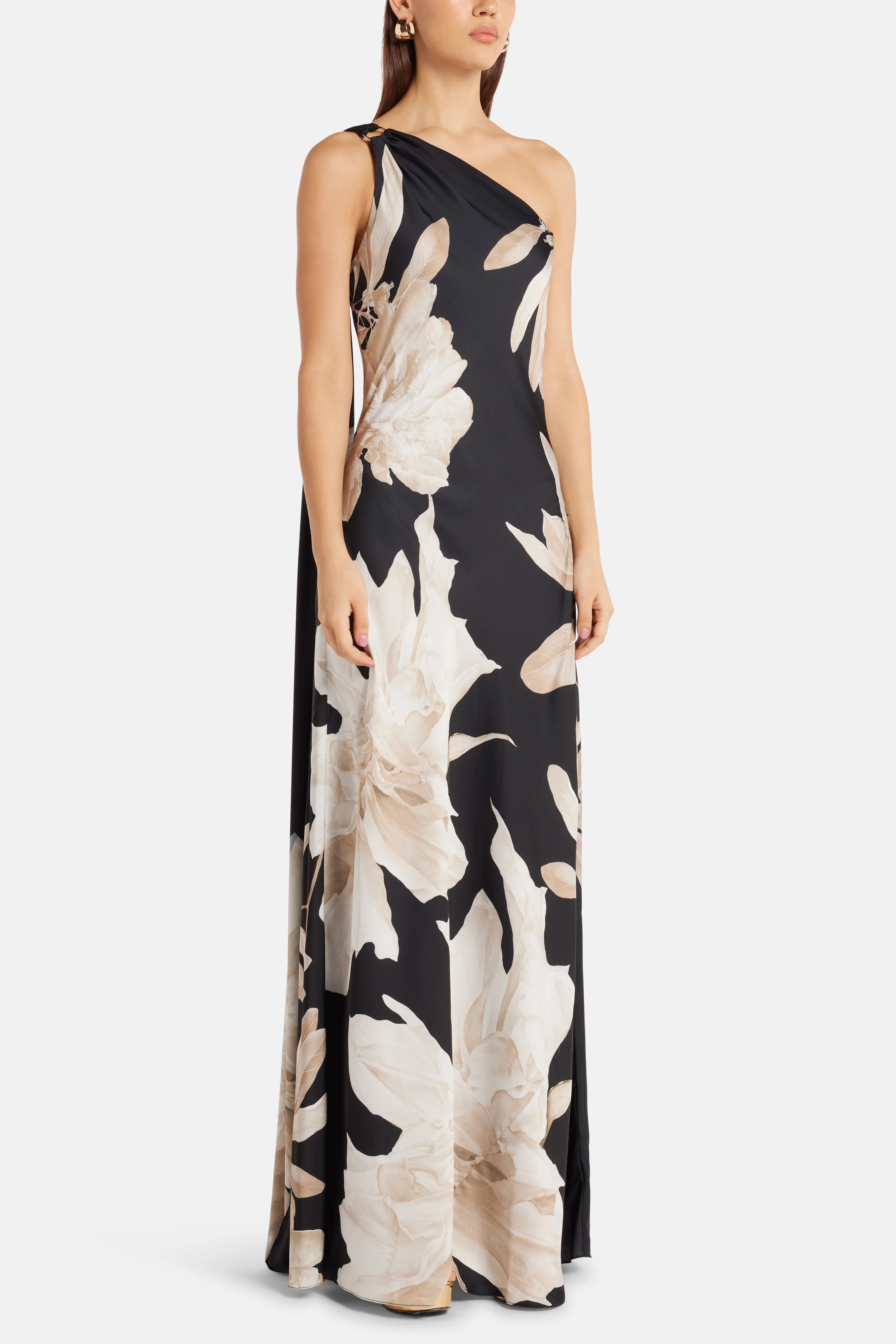 Niru Floral One Shoulder Maxi Dress in Black