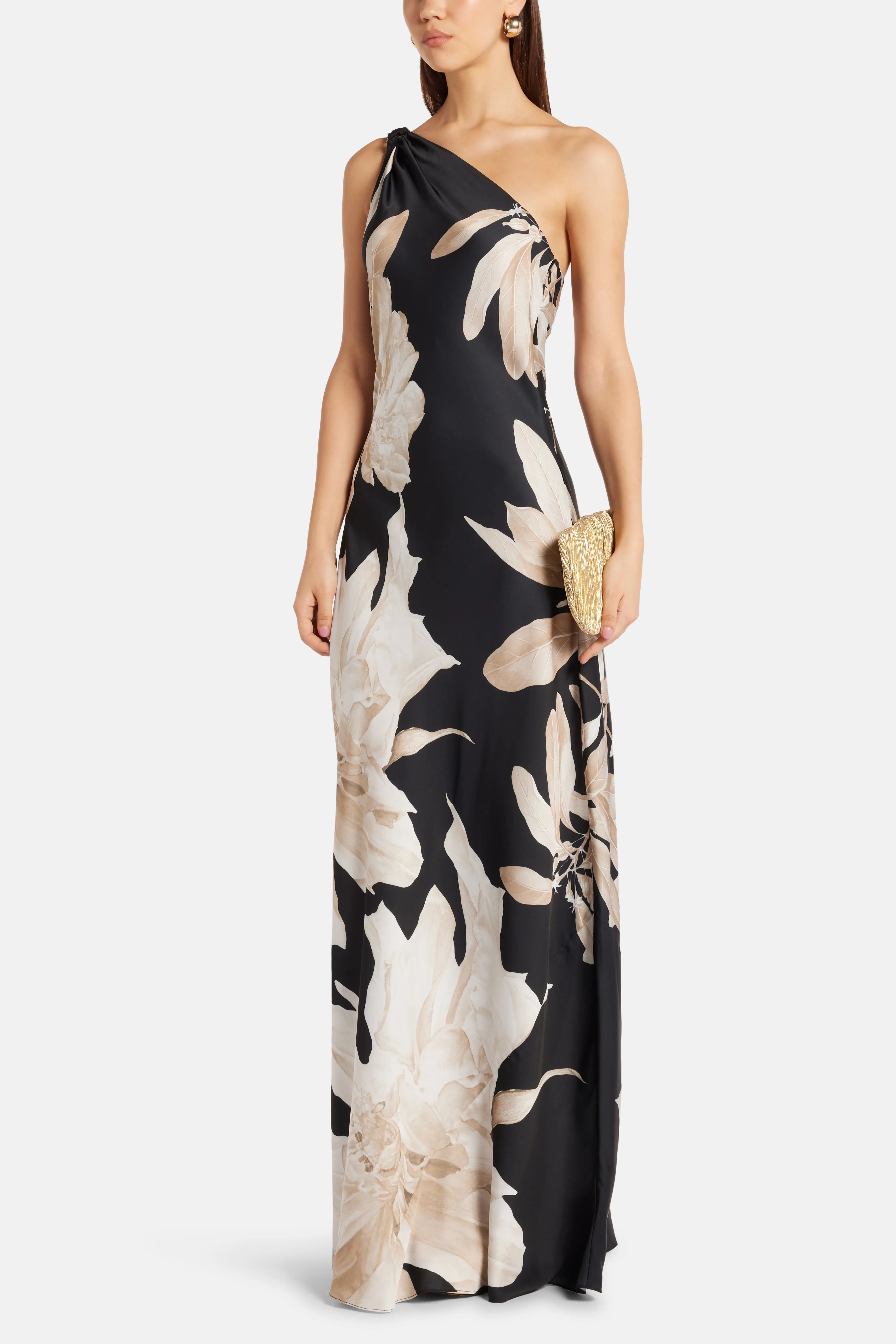 Niru Floral One Shoulder Maxi Dress in Black