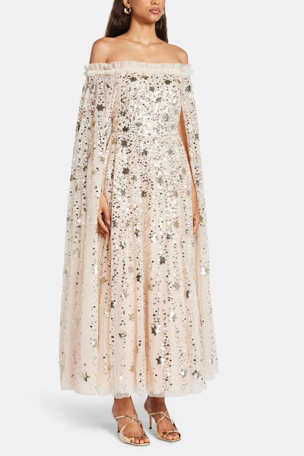 Shooting Stars Sequin Cape Evening Dress