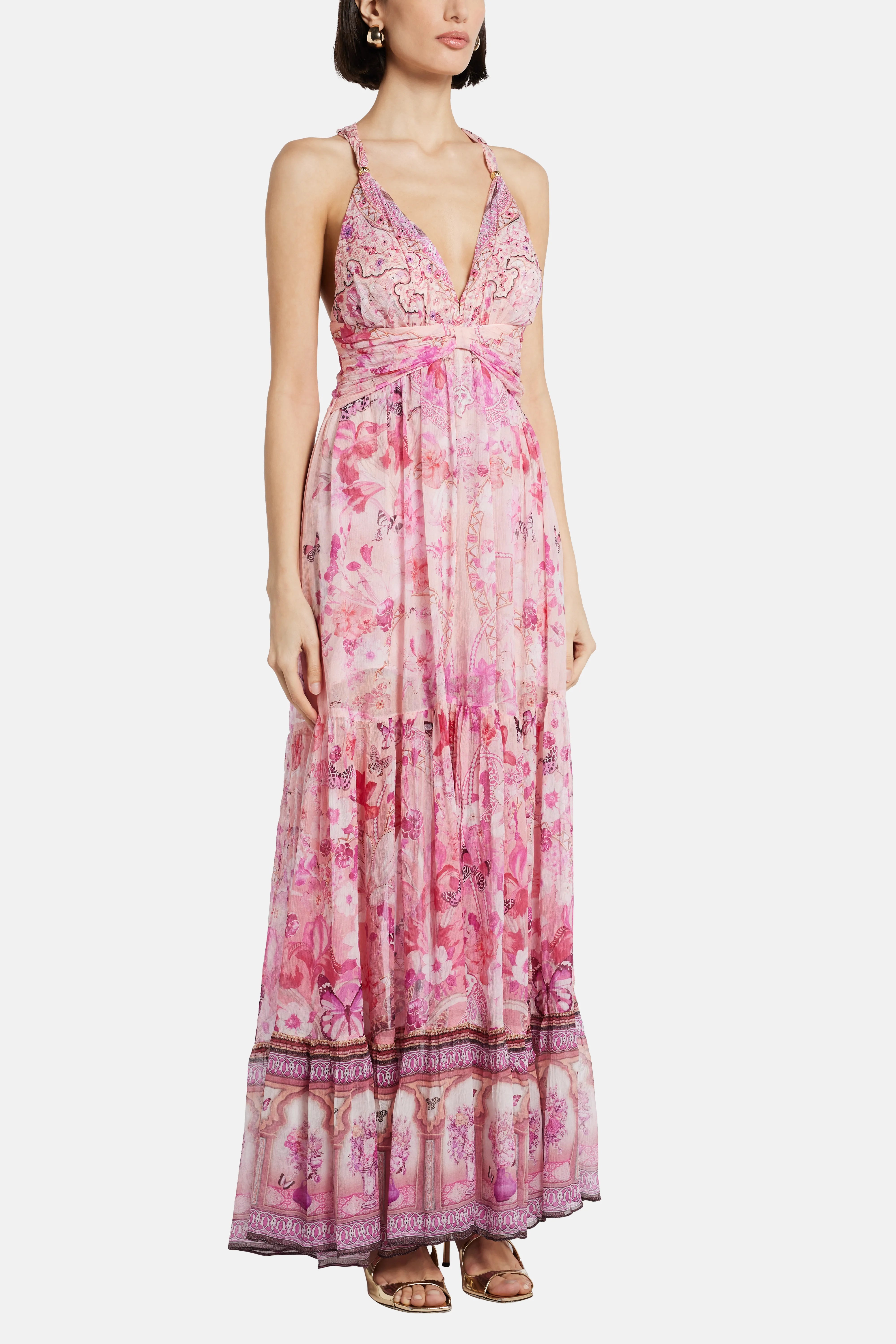 Bead Strap Gathered Panel Maxi Dress