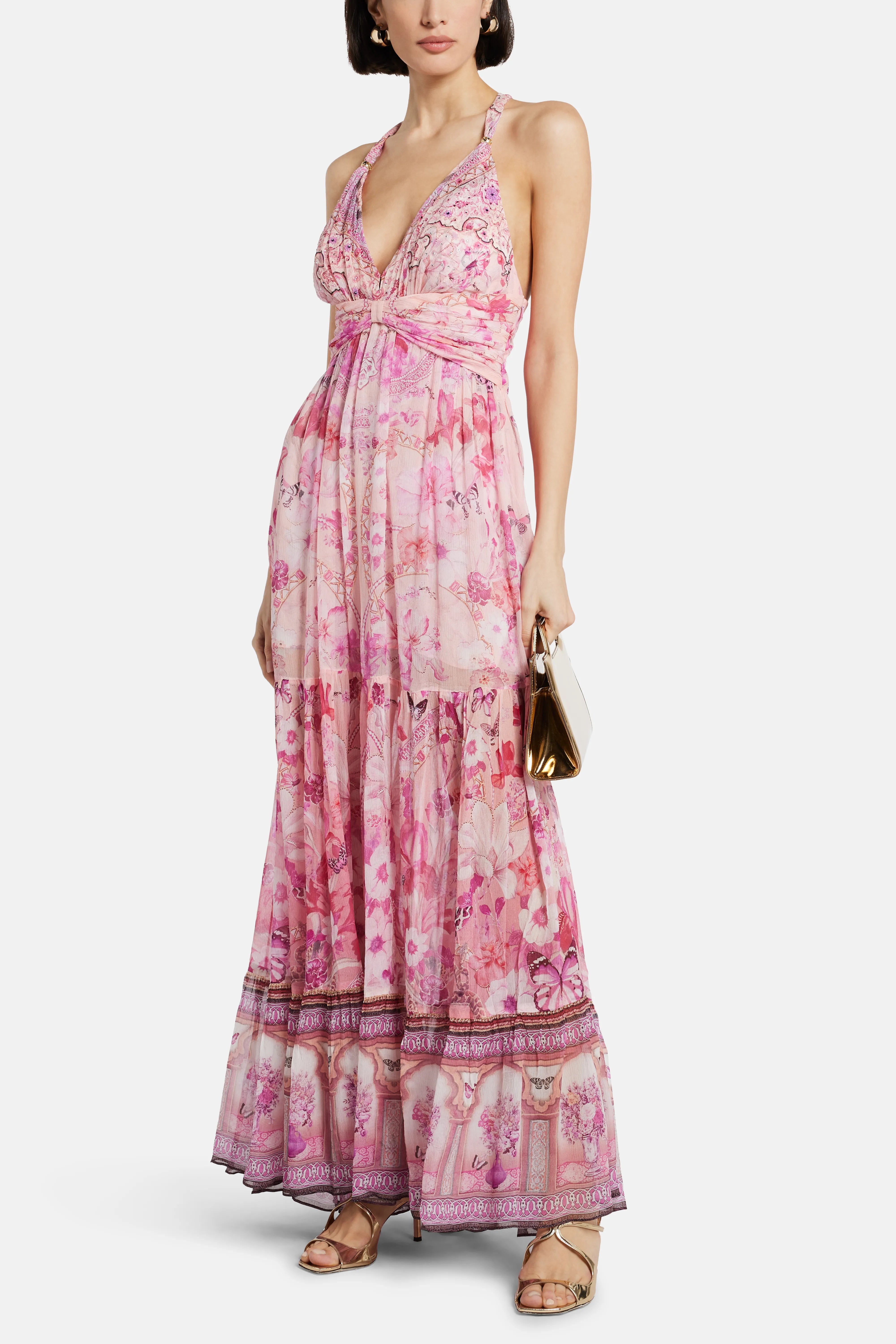 Bead Strap Gathered Panel Maxi Dress